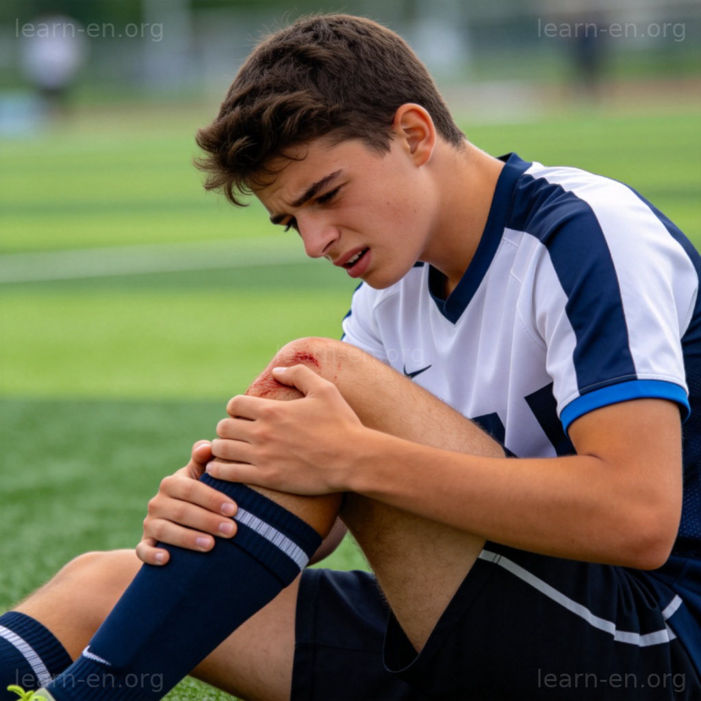injure 含义图解：运动员膝盖受伤的痛苦表情