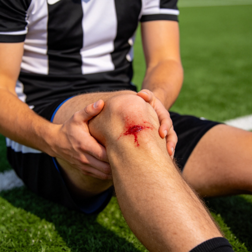 A person in sportswear sitting on the ground, holding their knee which has a visible, fresh scrape with a little blood. They are wearing shorts, and the background is a green field or a running track. Close-up shot, realistic style, clear lighting. No text.