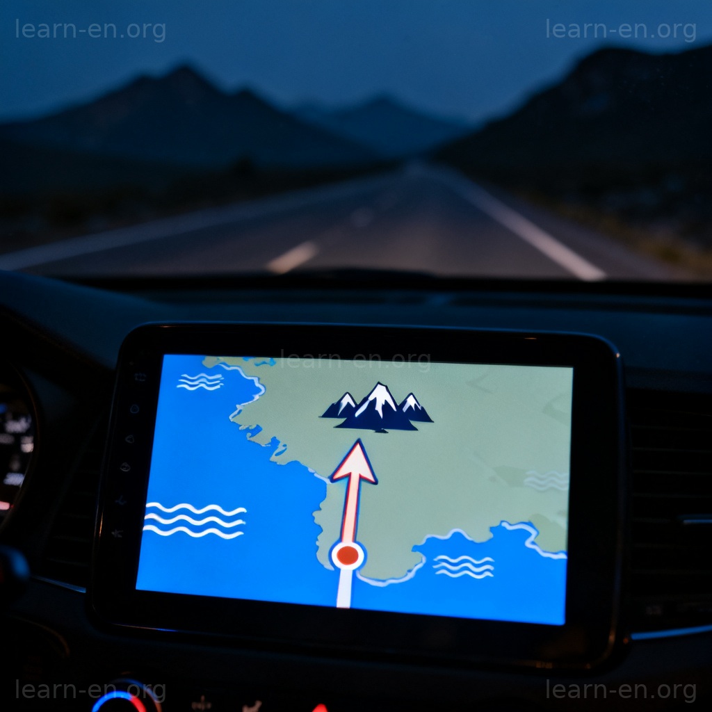 Inland direction shown on car GPS screen moving from coast toward mountains.