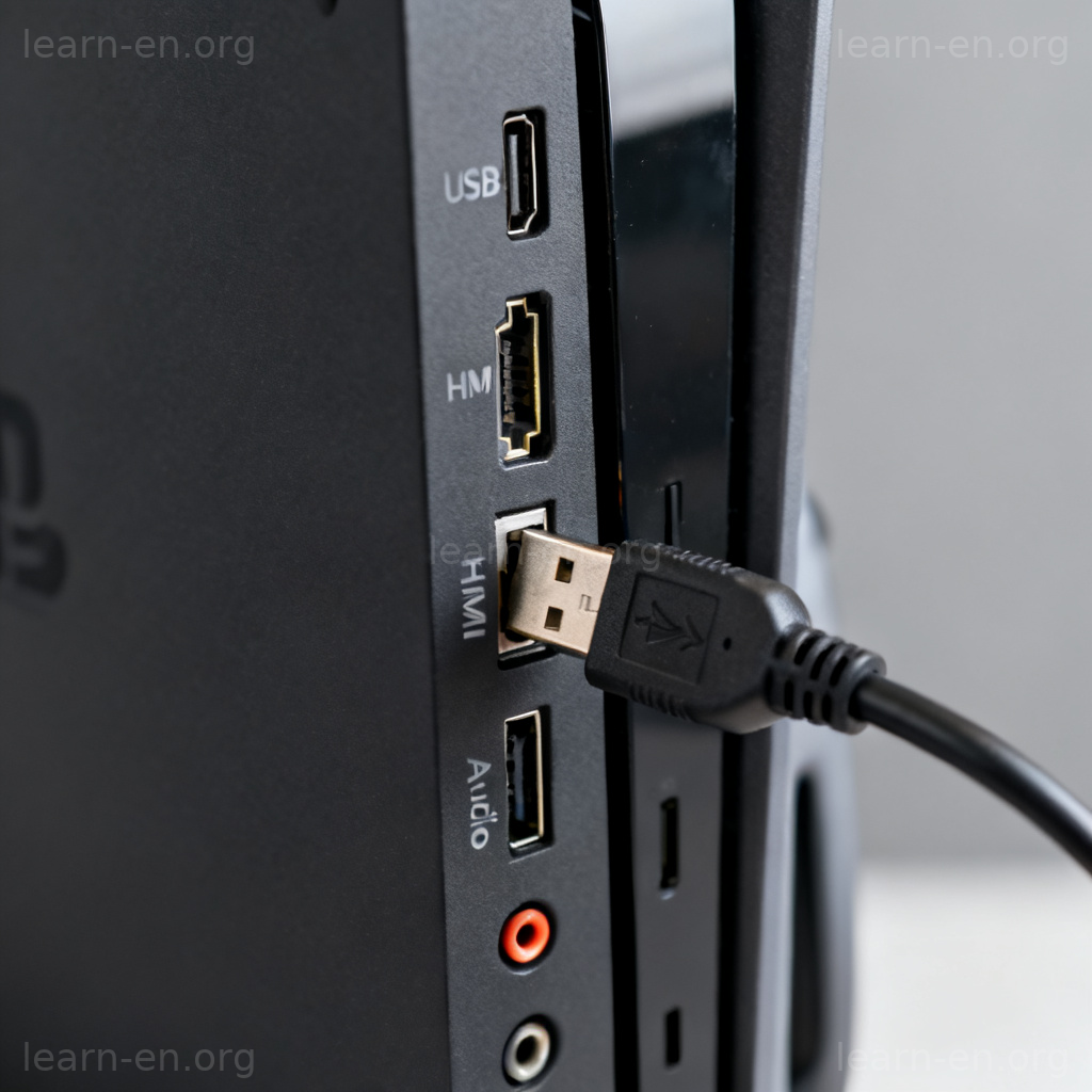 Input as connection point: close-up of computer ports with a USB cable being inserted.