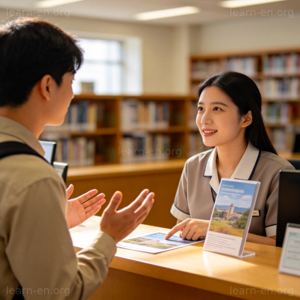 A person standing at a library information desk, talking to a friendly librarian. The person is gesturing as if asking a question, while the librarian listens attentively and points at a brochure. Clear, well-lit interior, focus on the interaction between the two people. No text on signs or clothing.