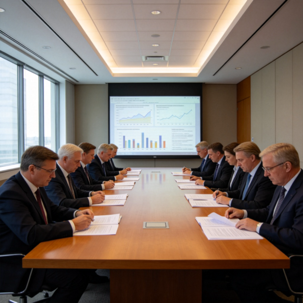 A formal meeting room with a long table. A serious-looking committee sits on one side, reviewing documents and data charts projected on a screen. The atmosphere is focused and official. Natural light from windows, business attire. No identifiable faces or logos.