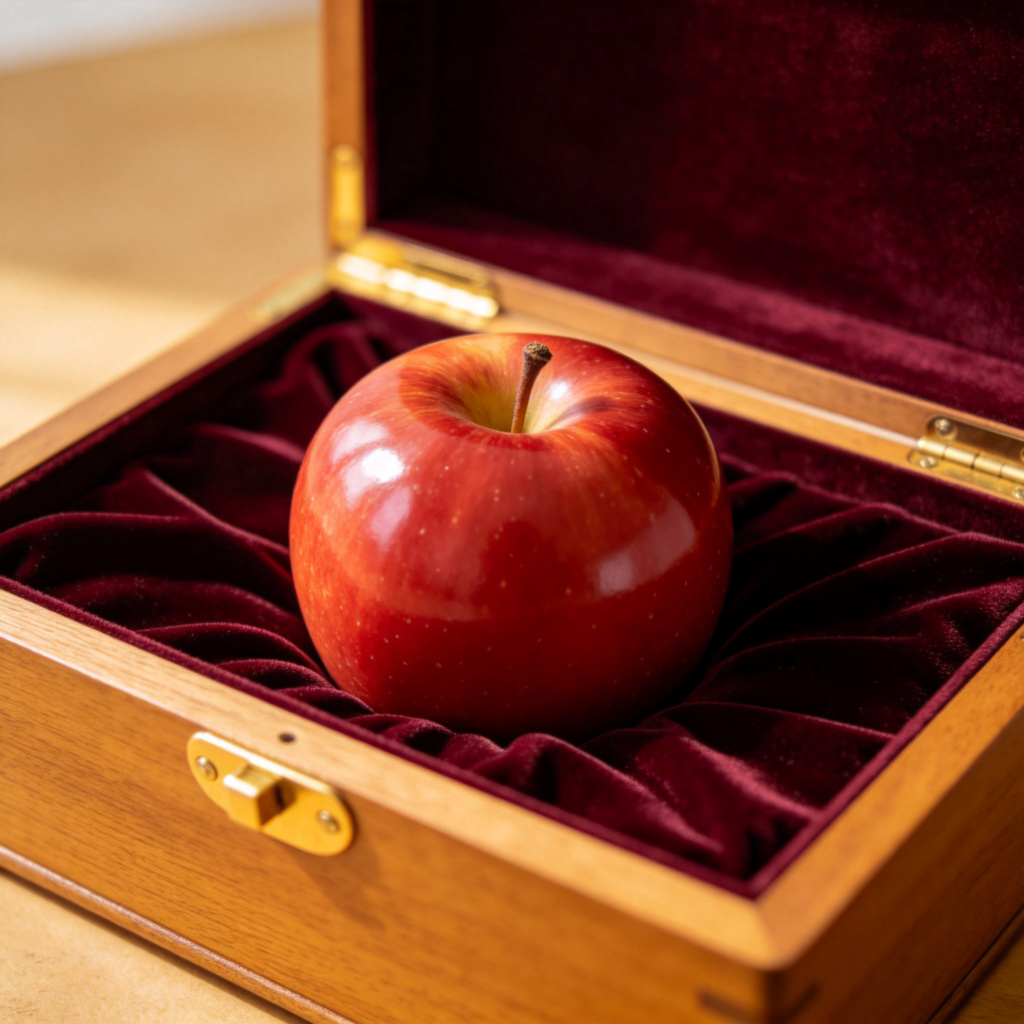 A classic wooden box with the lid open. Inside the box, on a soft velvet lining, lies a single, shiny red apple. The focus is sharp on the apple inside the box, with a slightly blurred box exterior. Natural lighting from the side. No text.