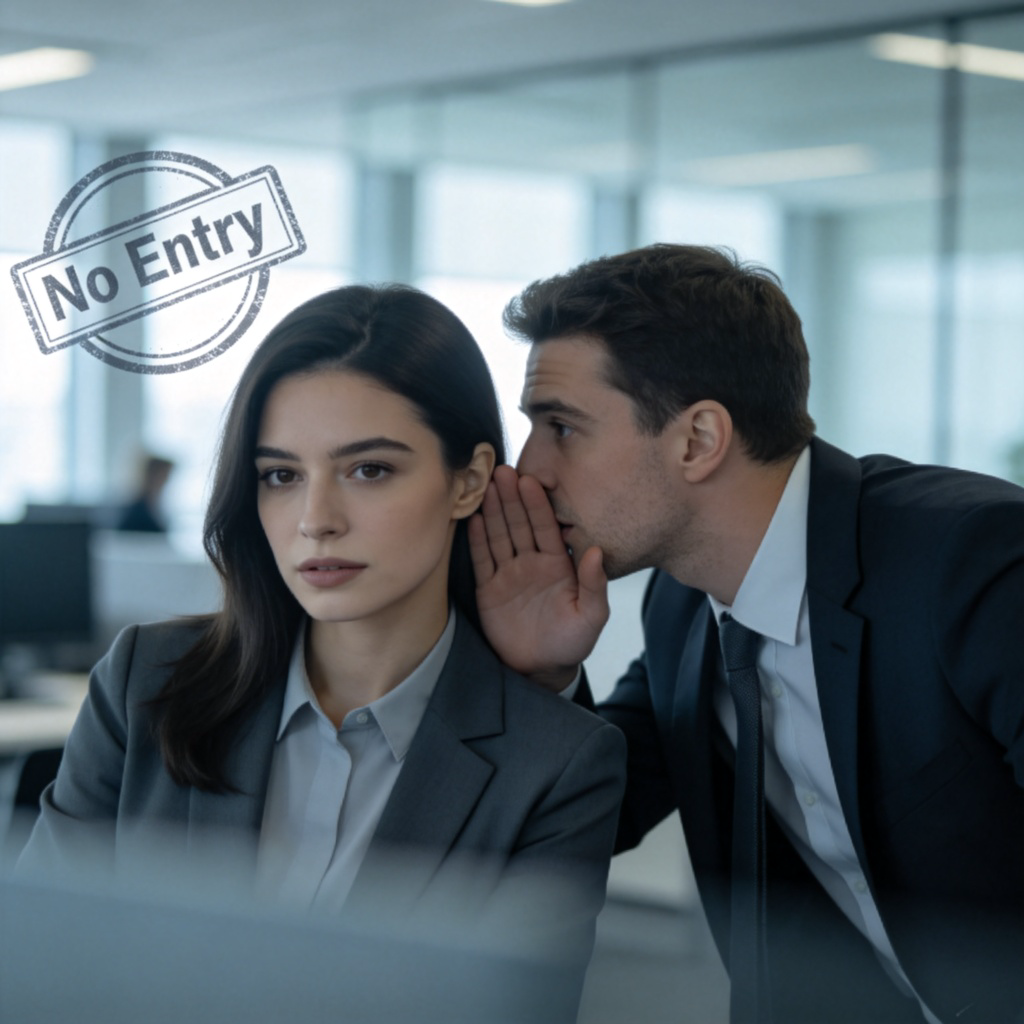 Two businesspeople in modern office attire are leaning close together, one whispering into the other's ear. A “No Entry” or “Confidential” stamp graphic is subtly visible in the blurred background. The atmosphere is hushed and private. No text.