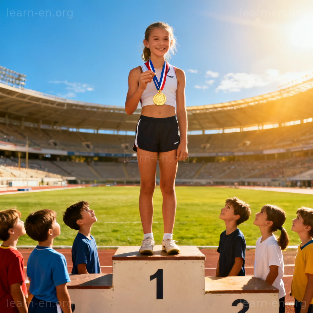 Inspiration as a role model: athlete inspiring younger kids on podium.