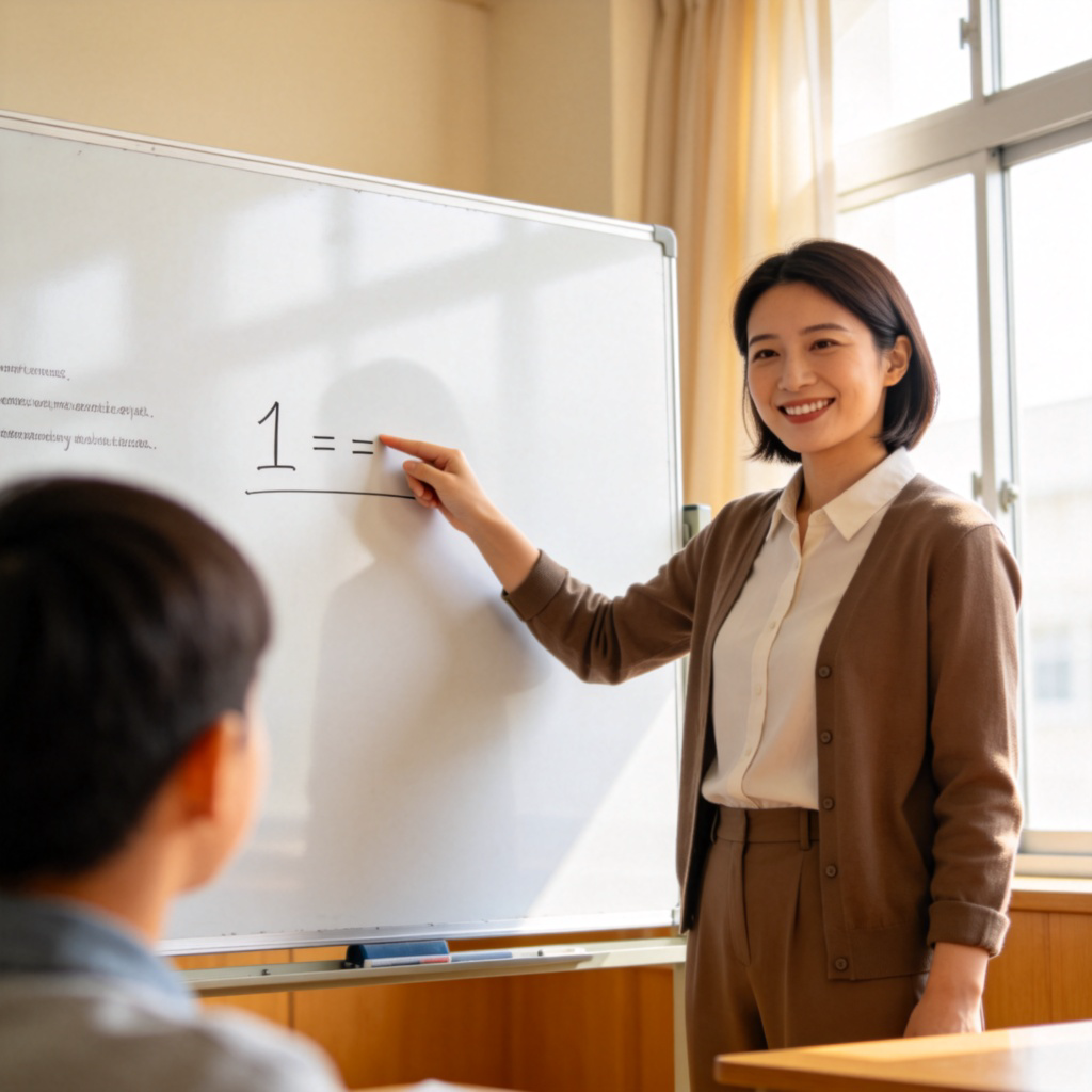 A teacher pointing to a single, clearly written example on a whiteboard in a classroom. The example is numbered '1' and illustrates a simple math problem. The rest of the board is blank or has only the general rule written. The teacher is smiling, and a student in the foreground looks understanding. Natural light from a window. No text beyond the example.