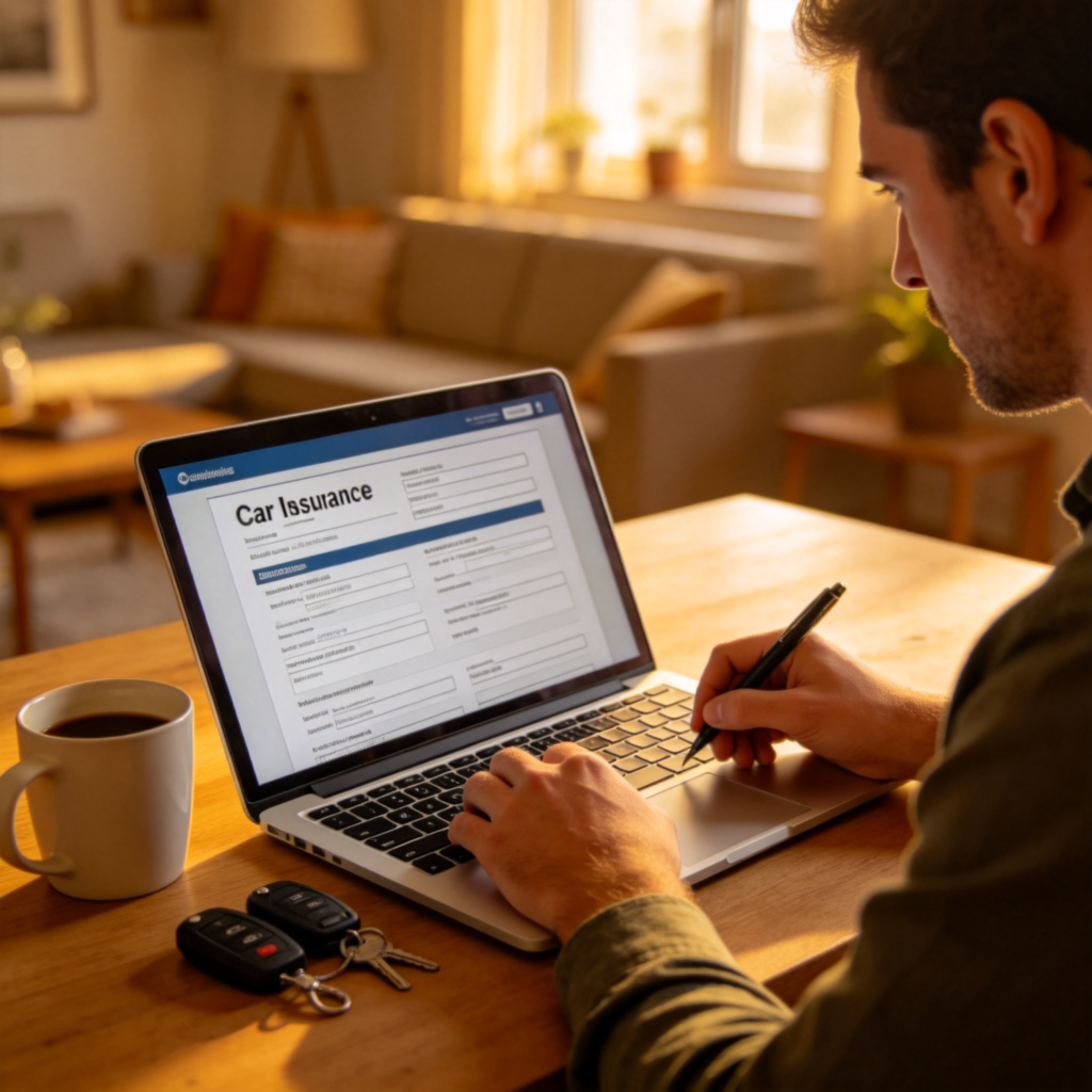 insure 含义图解：在家填写汽车保险单的场景