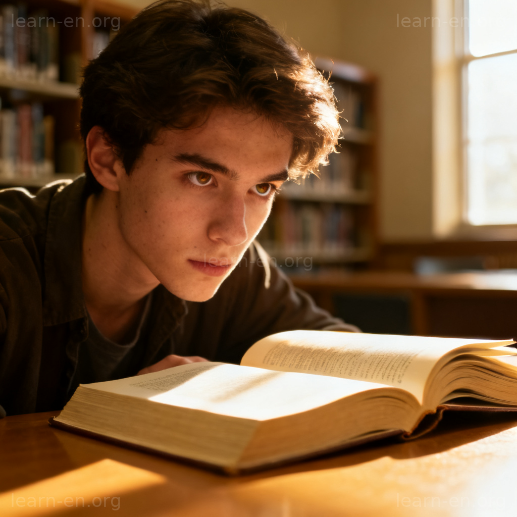 Visual of intent as focus: a student concentrating intently on a textbook in a library.