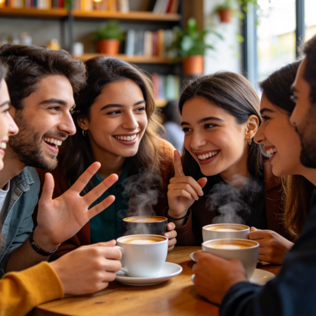 A diverse group of young adults sitting in a cozy café, smiling and talking animatedly over cups of coffee. They are making hand gestures and leaning in to listen. Warm, natural lighting, focus on their friendly faces and the shared moment. No text or logos visible.