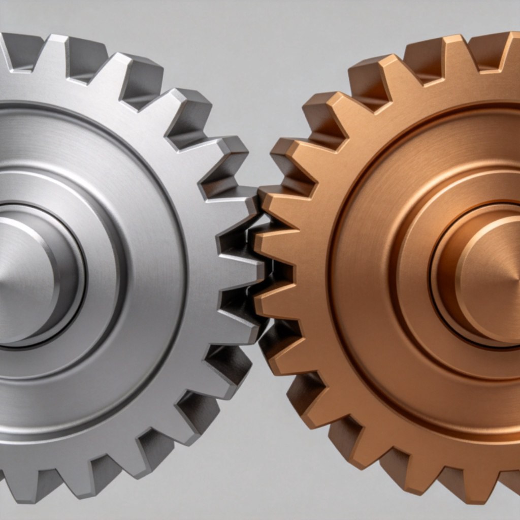A close-up, clear illustration of two gears interlocking and turning together in a machine. One gear is silver, the other is bronze, showing mechanical interaction. Plain grey background, sharp focus on the point where they mesh. No text or numbers.