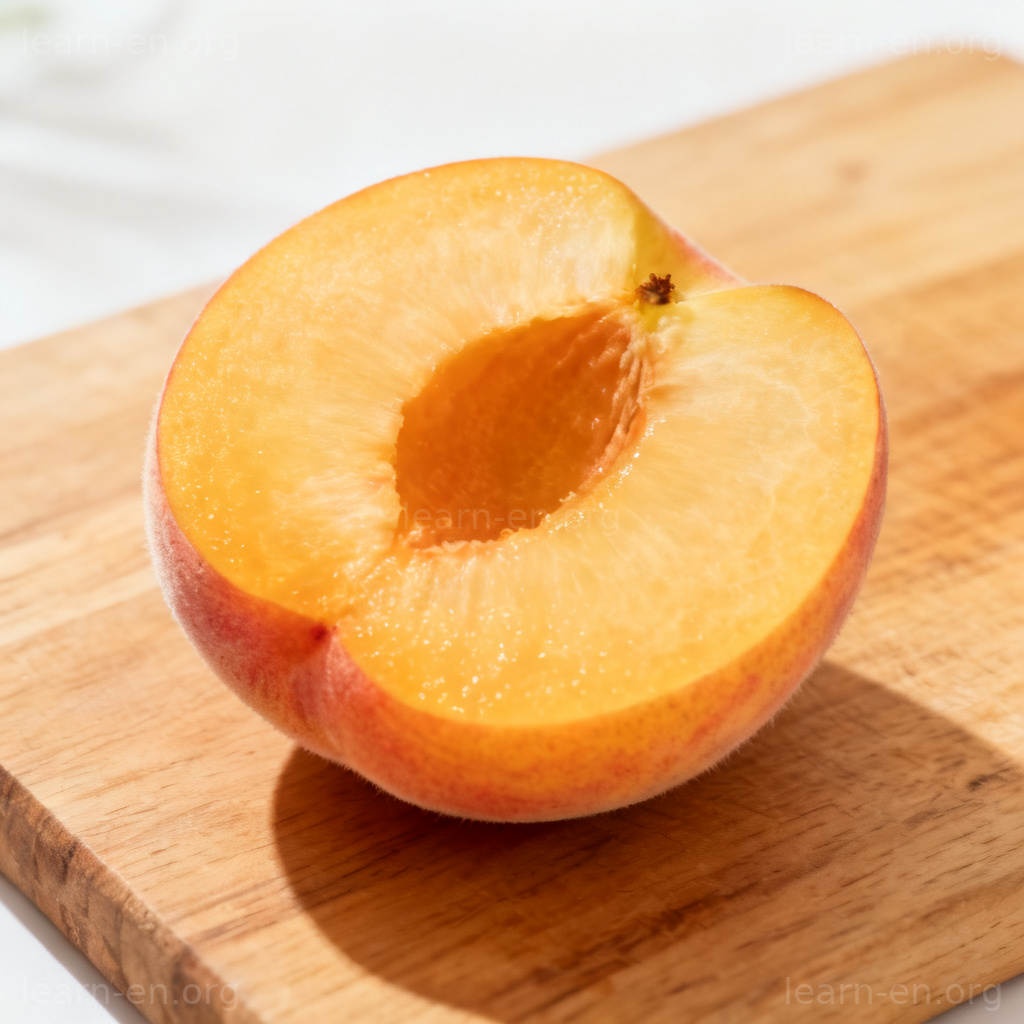 Interior of a peach half showing juicy flesh