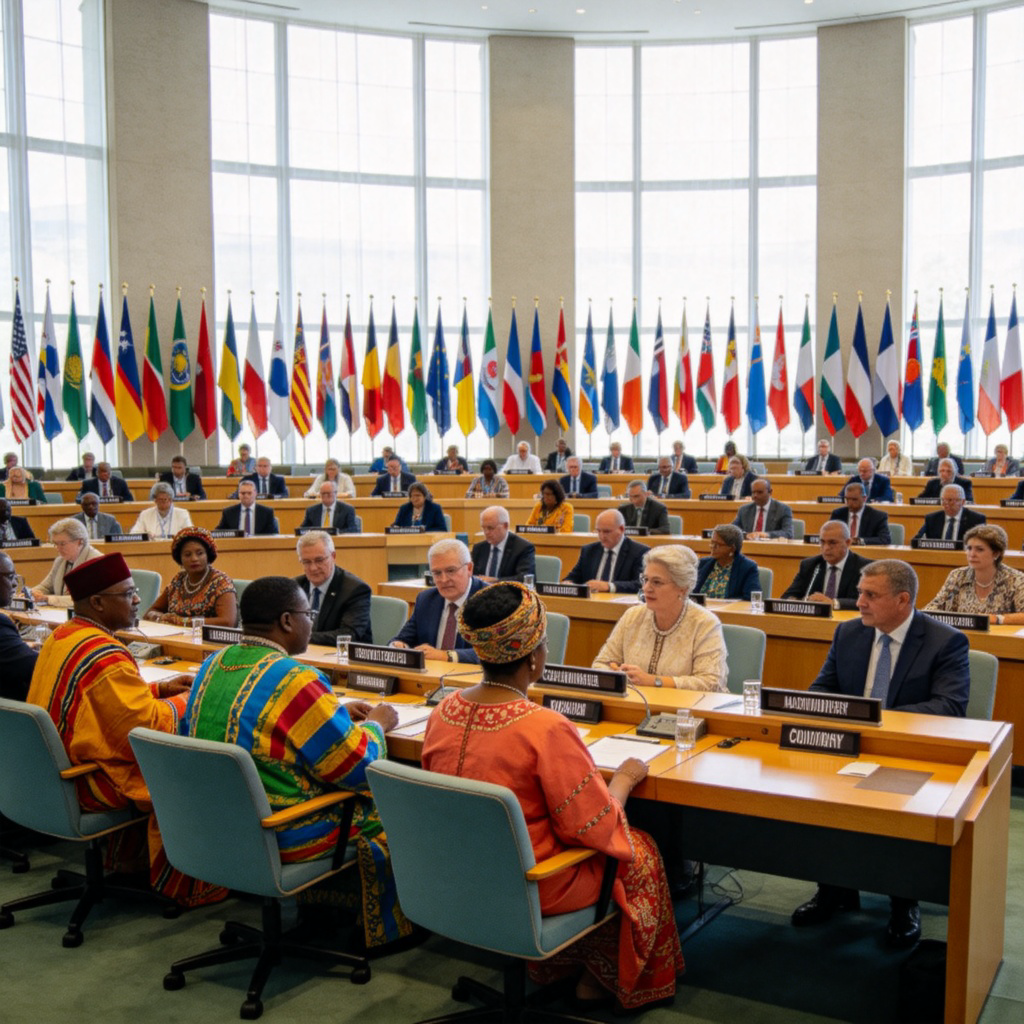 A wide-angle view of a United Nations General Assembly hall. Representatives from different countries, wearing various cultural attire or business suits, sit at desks with their country's nameplate. Flags of many nations line the background. Daylight fills the room through large windows, focusing on the diverse group in discussion. No text or logos.