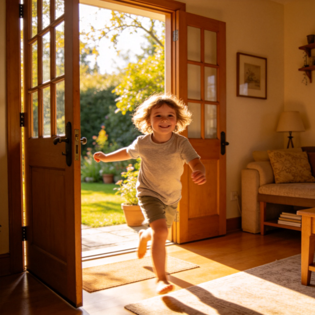 A child smiling and stepping from a sunny garden through an open wooden door into a cozy, well-lit living room. The focus is on the action of moving through the doorway. Clear, bright photography. No text.