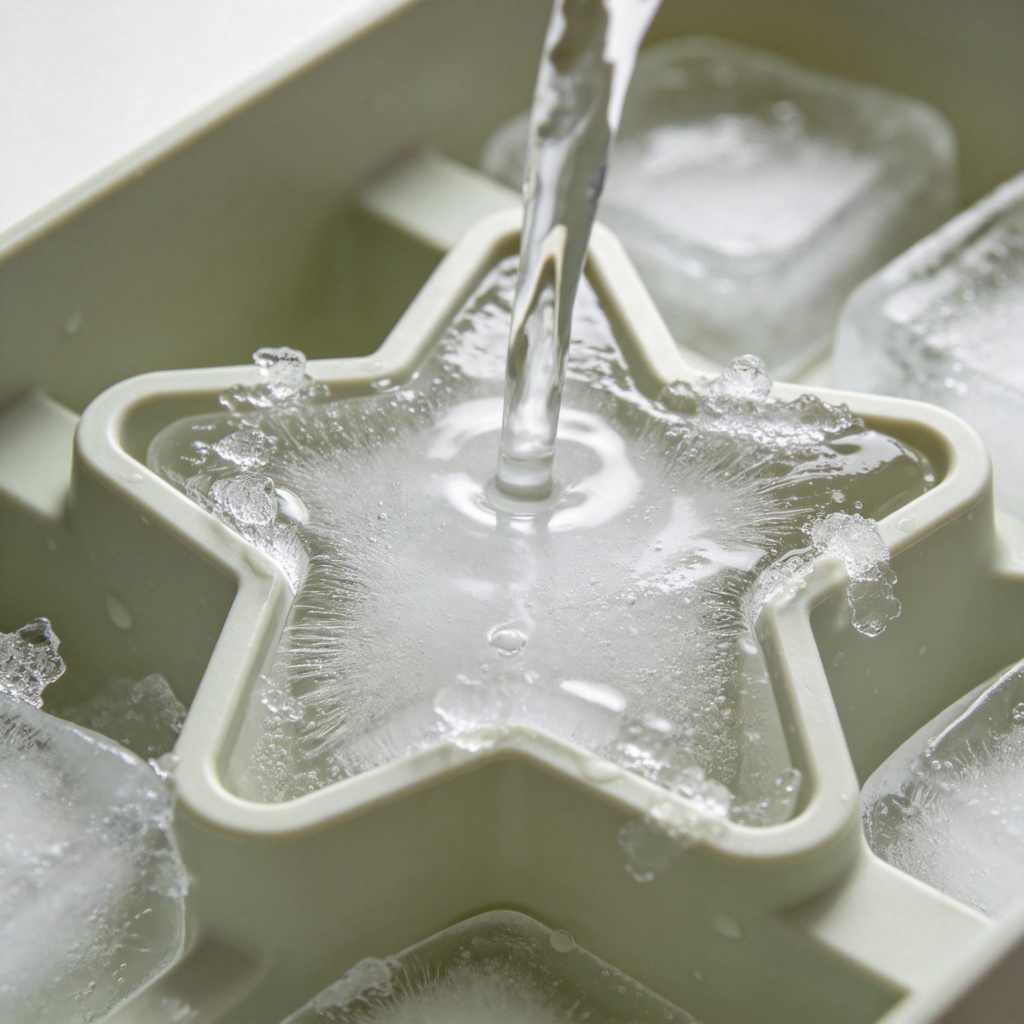 A close-up shot showing water being poured into a star-shaped ice tray in a freezer. The water is partially frozen, with clear ice crystals forming around the edges, demonstrating the transformation process. Simple background, studio lighting. No text.