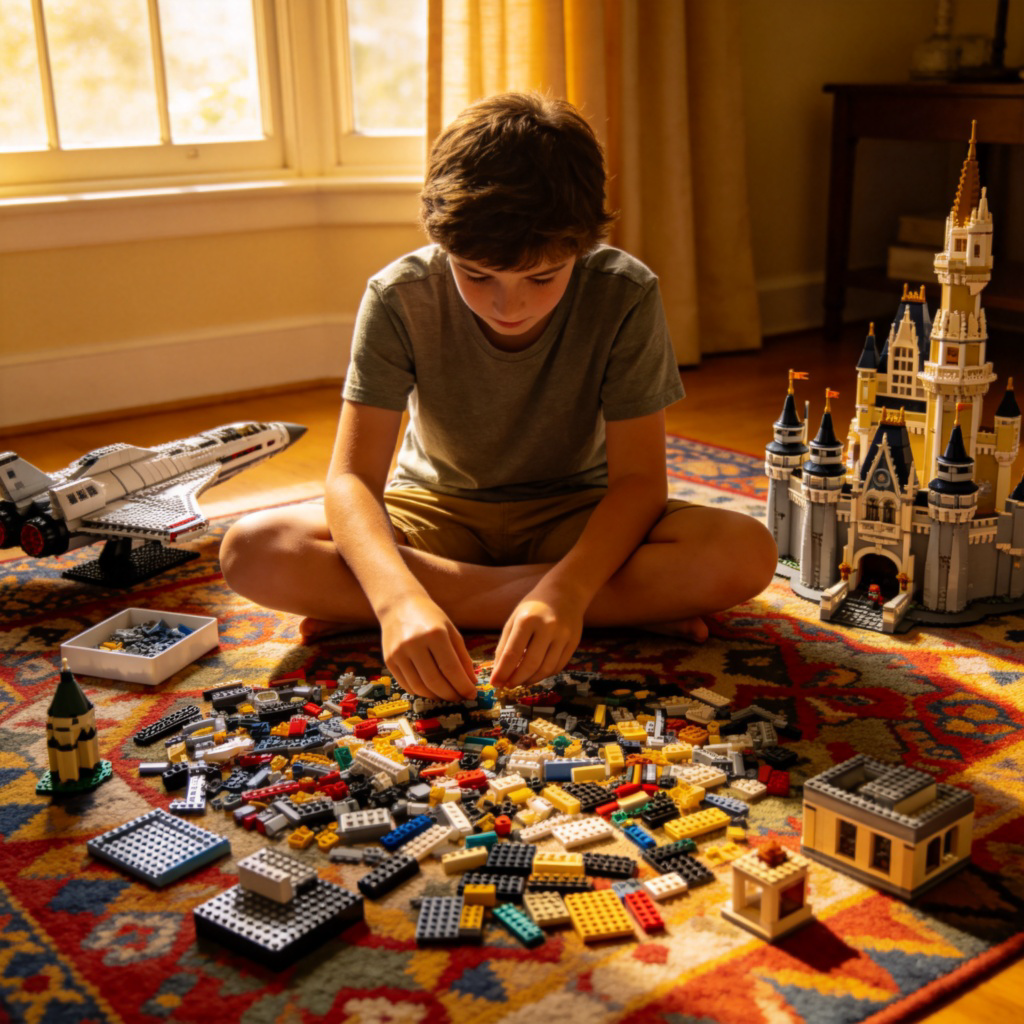 A young person sitting on a colorful rug in their room, completely absorbed in organizing a vast collection of LEGO pieces, with several completed models around them. Warm, natural light from a window. Focus on their engaged expression and the hobby materials. No text.