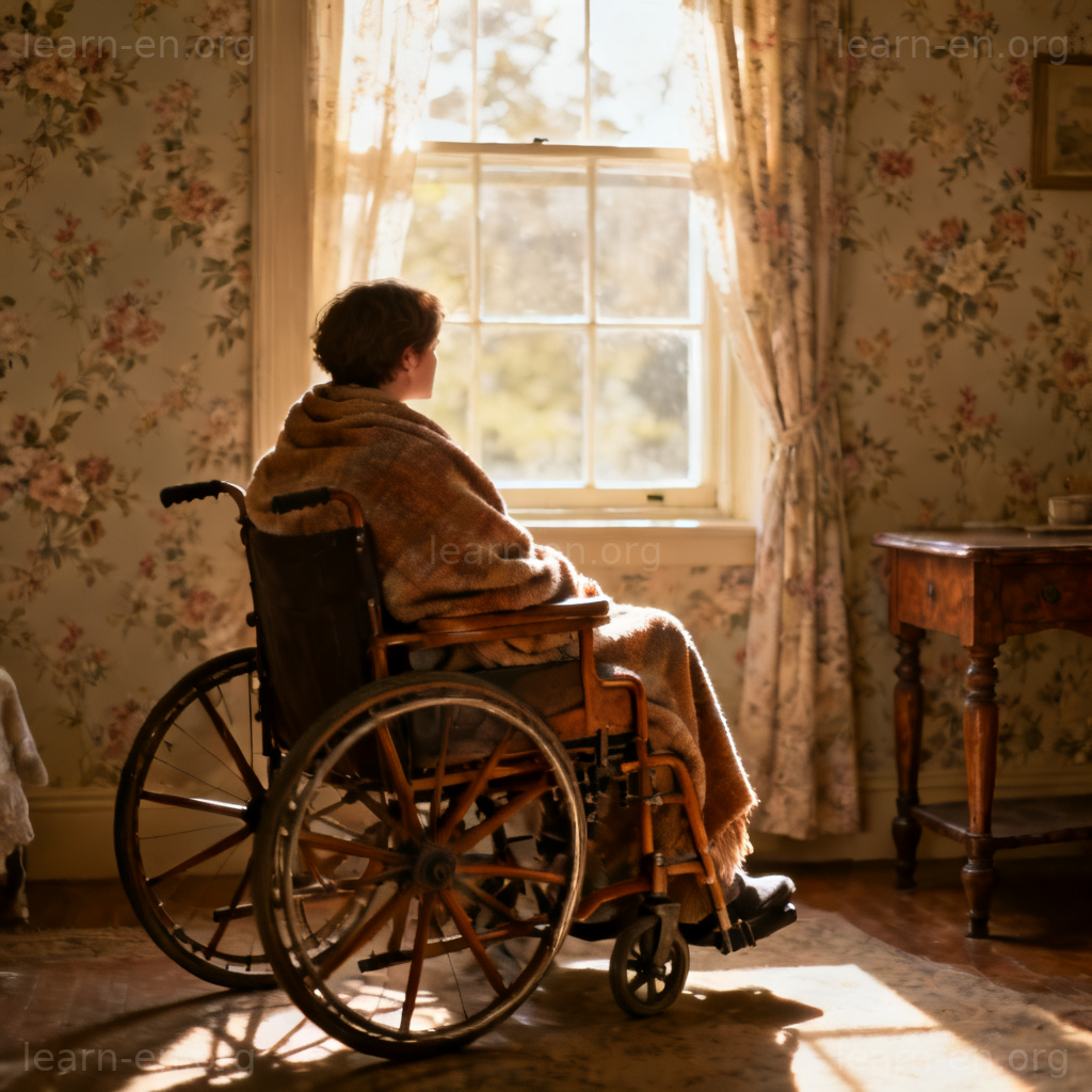 Invalid as a chronically ill person depicted by someone in a wheelchair looking out a window.