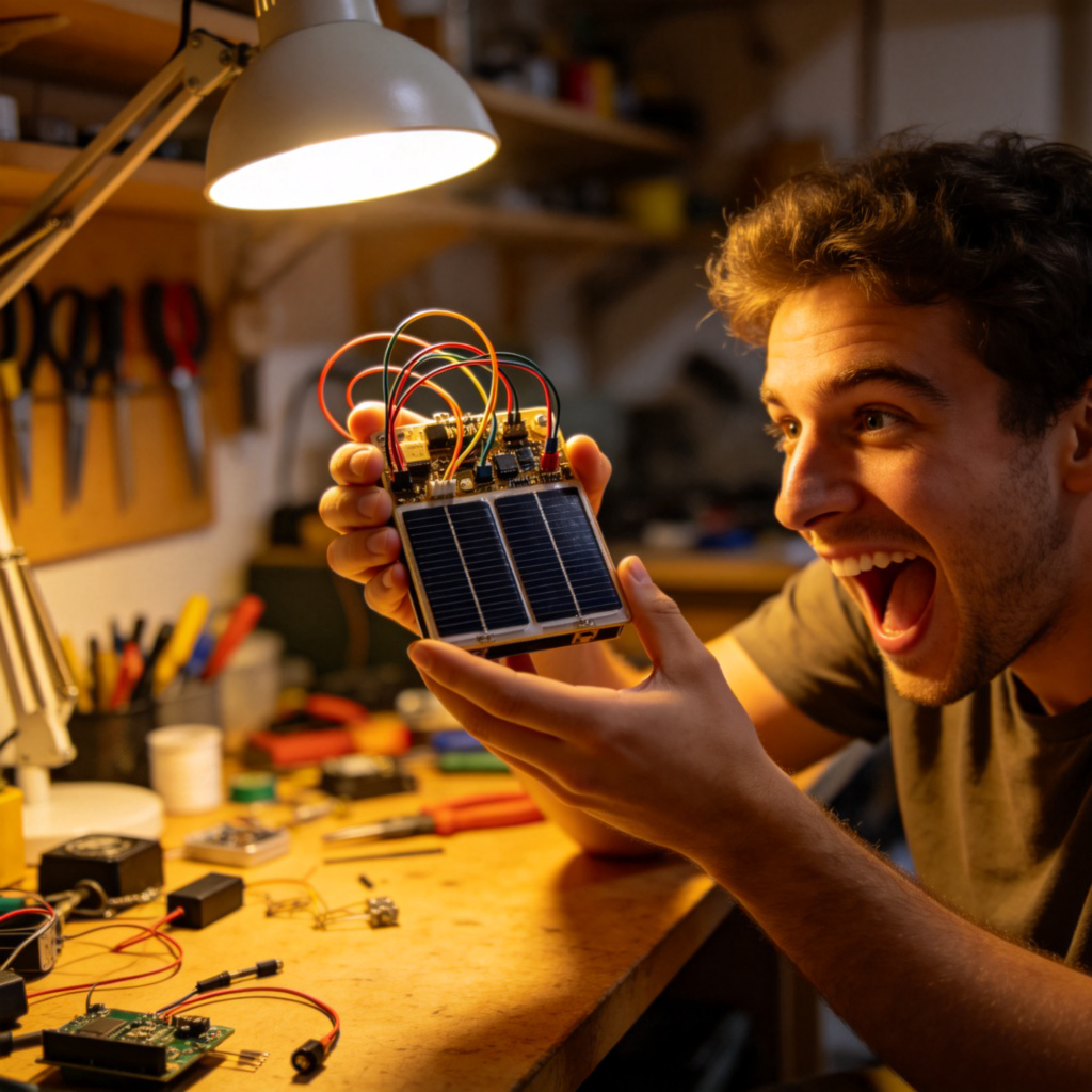 invent 发明场景图解：发明家在工作室手持新发明