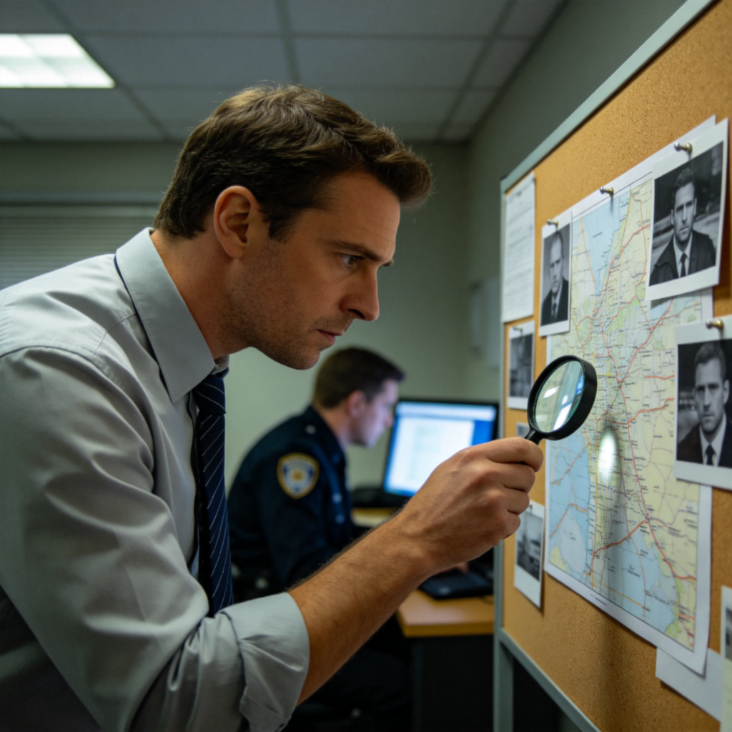A scene inside a typical police investigation room. In the foreground, a detective in a shirt and tie is carefully examining physical evidence like a magnifying glass over a map or a photograph pinned to a corkboard. In the background, another officer is looking at a computer screen. The atmosphere is serious and focused, with soft overhead lighting. No text or logos are visible.