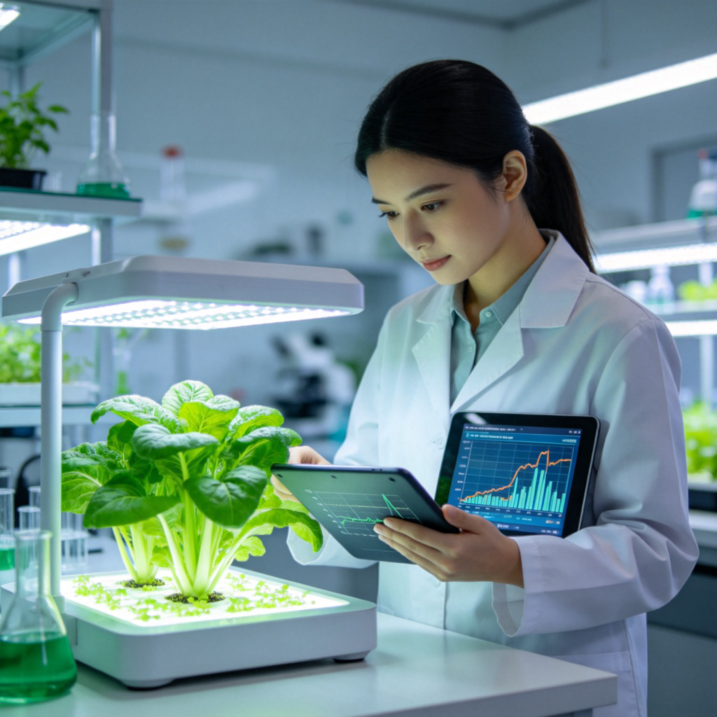 A female scientist in a white lab coat is working in a modern botanical laboratory. She is holding a tablet, looking at data graphs, and comparing them to a vibrant green plant sample under a growth light on the lab bench. Her expression is curious and analytical. The background is clean and professional, with other lab equipment slightly out of focus. No text.