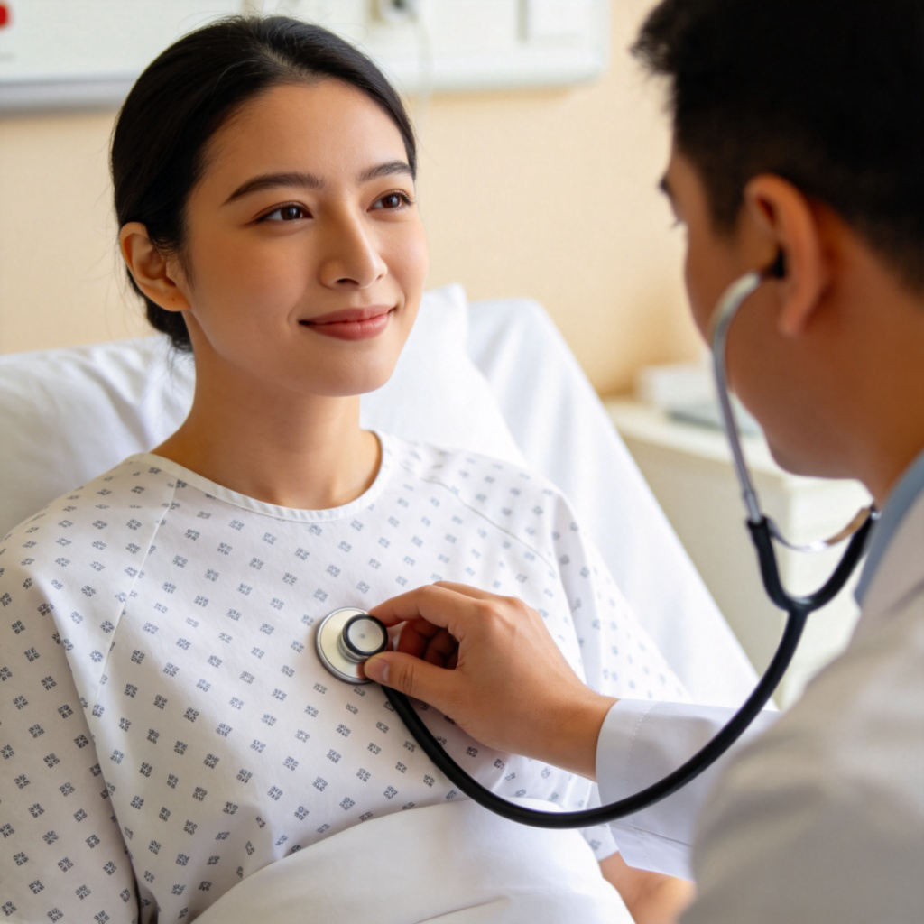 A close-up view of a doctor using a stethoscope to examine a patient's chest in a bright, clean clinic. The patient is sitting up on an examination bed, wearing a hospital gown. The focus is on the doctor's attentive face and the medical instrument. The background is soft and out of focus, creating a sense of care and professionalism. No text or identifiable features.