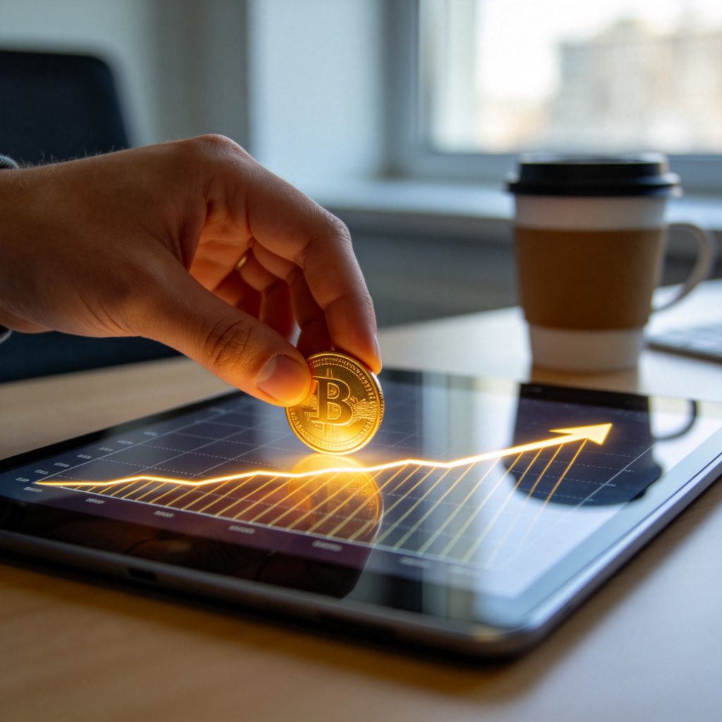 A close-up of a person's hand placing a gold coin onto a glowing upward trend graph displayed on a modern tablet screen. The graph shows a steady increase. The background is a clean, blurred modern office desk with a coffee cup. Natural lighting from a window, sharp focus on the coin and the graph. No text or numbers visible on the graph.