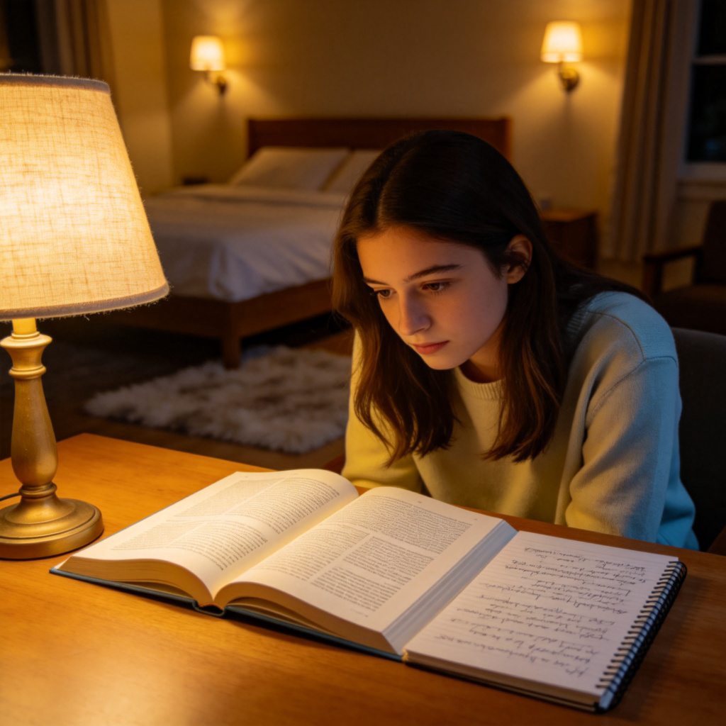 A focused student studying late at night, with a lamp illuminating an open textbook and a notebook filled with notes. The scene shows dedication and effort. The background is a cozy bedroom with soft lighting, emphasizing the concentrated effort on learning. No text on the book covers.