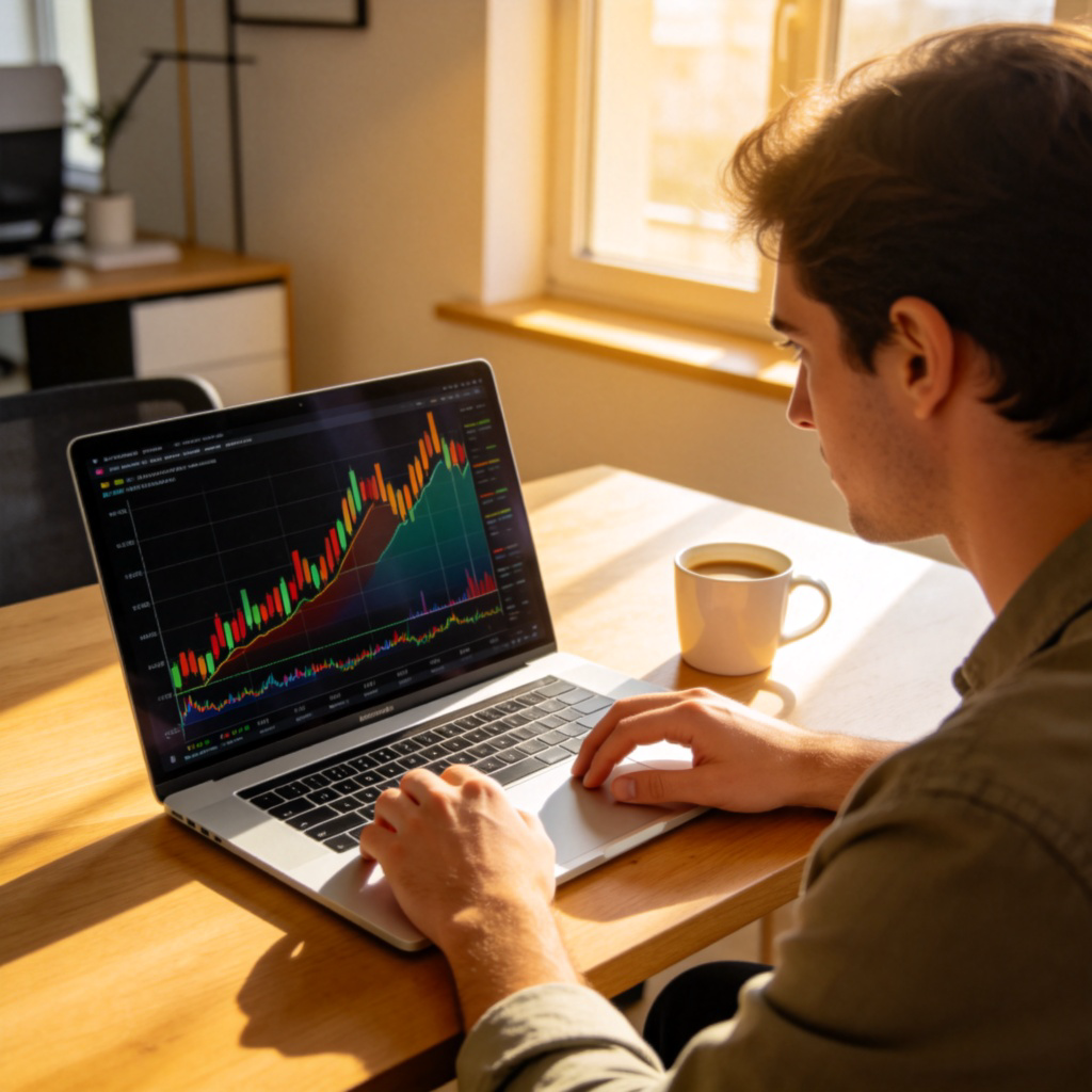 A person in casual business attire sitting at a wooden desk in a bright, modern home office. They are looking intently at a laptop screen showing a colorful stock market chart with rising graphs. A cup of coffee sits nearby, and sunlight streams through a window, creating a warm, focused atmosphere. The person's expression is calm and thoughtful, with hands resting lightly on the keyboard. No text or logos are visible in the scene.