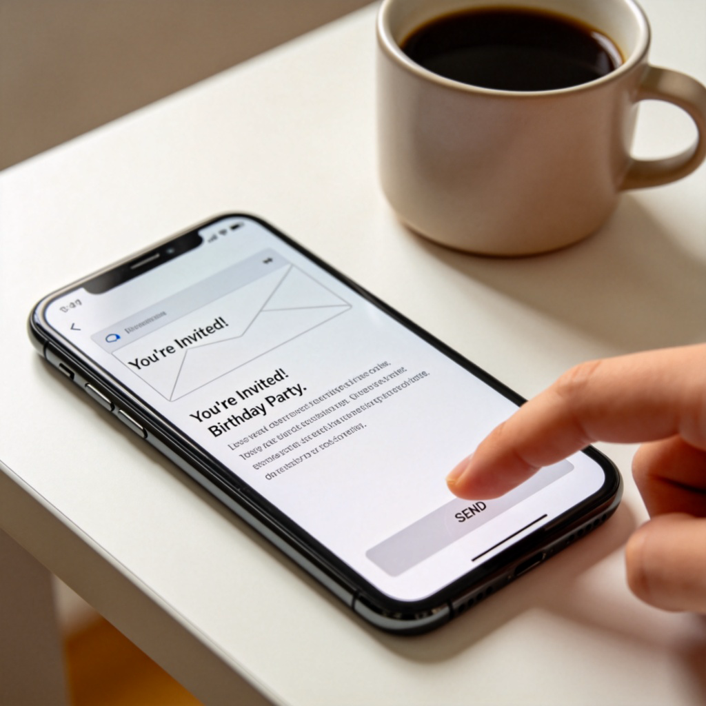 A close-up of a smartphone screen showing the text of an email. The subject line reads "You're Invited!" and the body mentions a "Birthday Party." The person's thumb is hovering over the 'Send' button. The background is a clean desk with a coffee cup. No faces or identifiable logos visible.