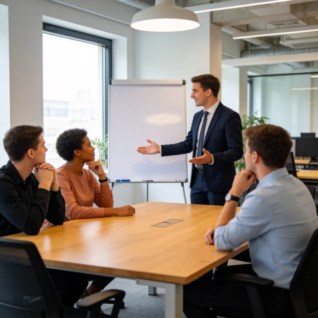 A team meeting in a bright office. A manager is standing by a whiteboard, turning towards three seated colleagues with an open-palmed gesture, as if welcoming their input. The colleagues look thoughtful. Natural light from a window. No text on the whiteboard.