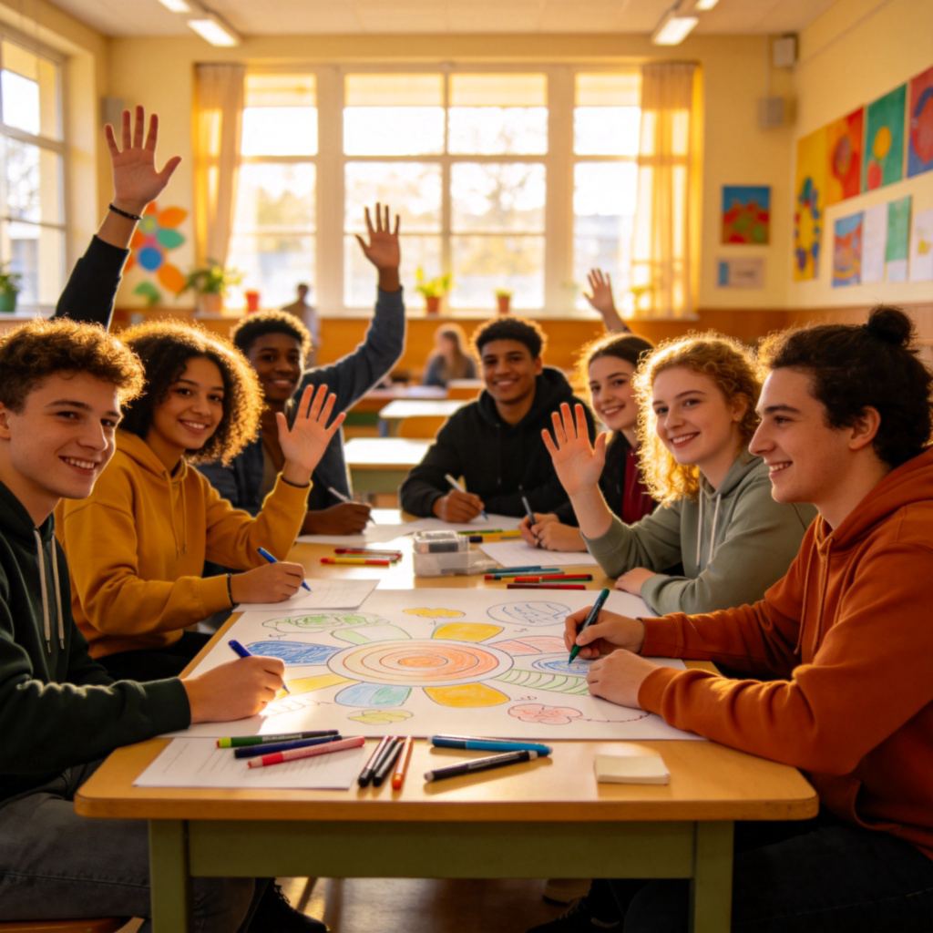 A group of diverse young adults sitting around a table in a bright community center. They are all engaged, some are raising hands, others are drawing on a large poster, showing active participation and collaboration. Natural, cheerful lighting. No text.