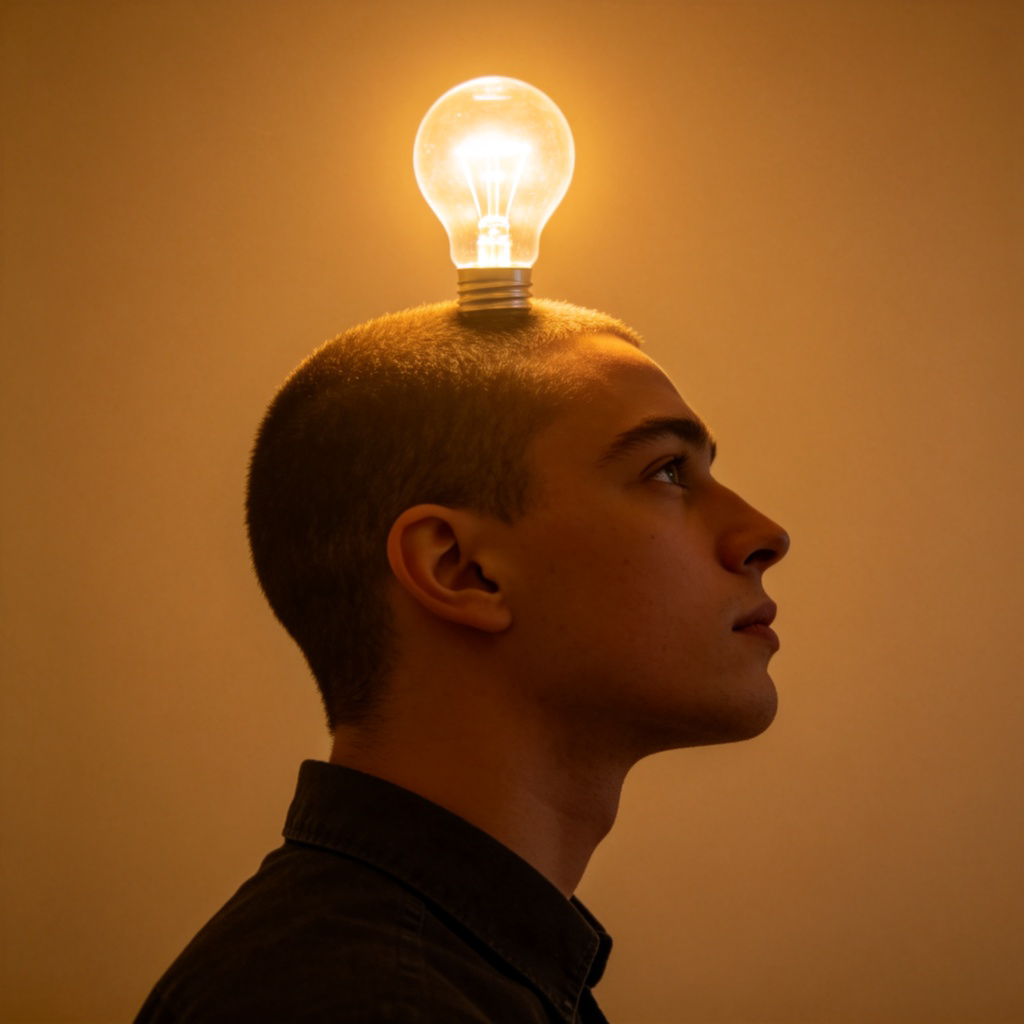 A close-up side view of a person's head and shoulders, with a glowing light bulb or a heart symbol superimposed over their head, representing deep thought and emotional investment. Soft, warm focus on the thoughtful expression. Plain background. No text.