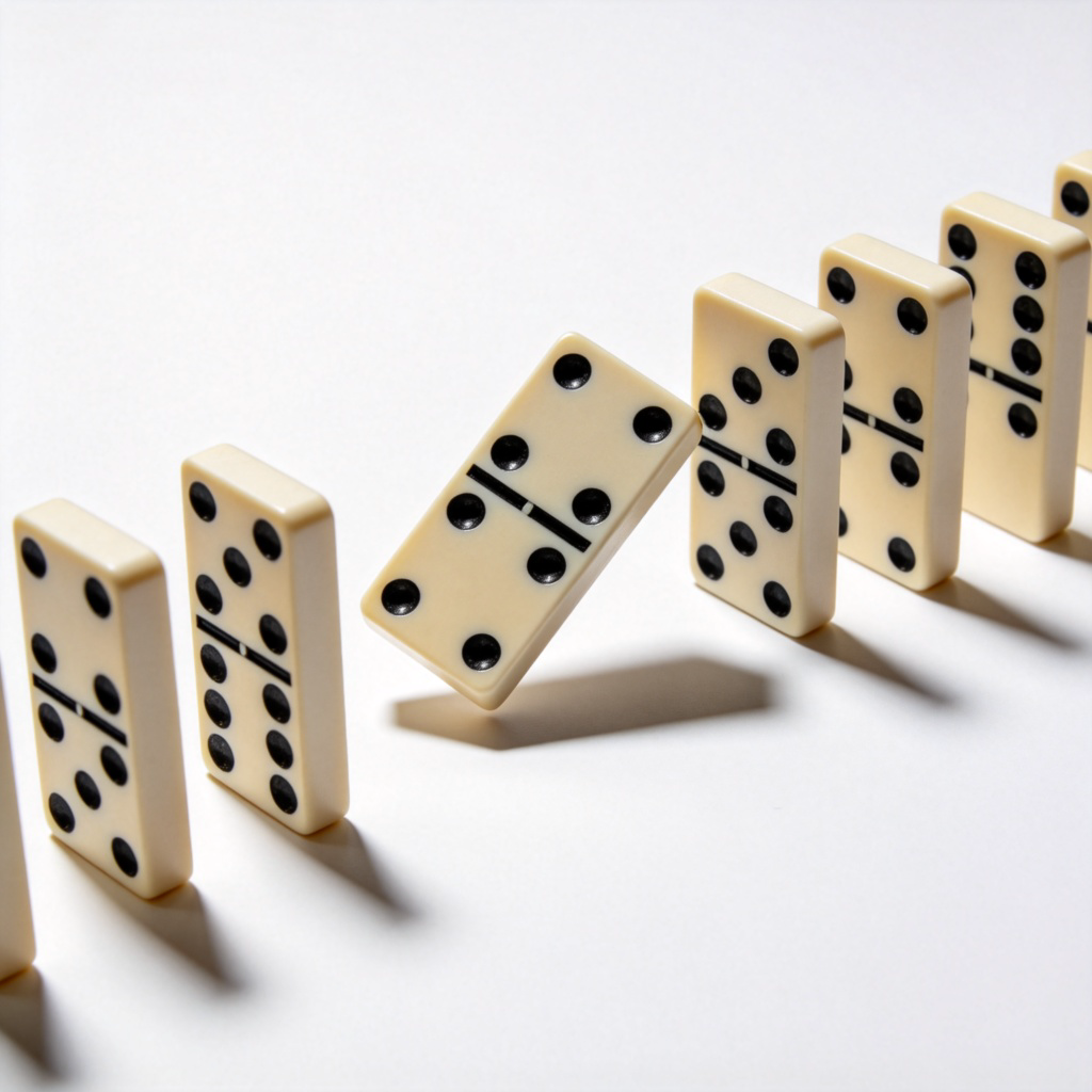 An overhead shot of a desk with a set of dominoes. One domino in the center is falling and is clearly linked to three others that are also beginning to tip over, visually showing a chain reaction of involvement and connection. Clean, white background. No text.