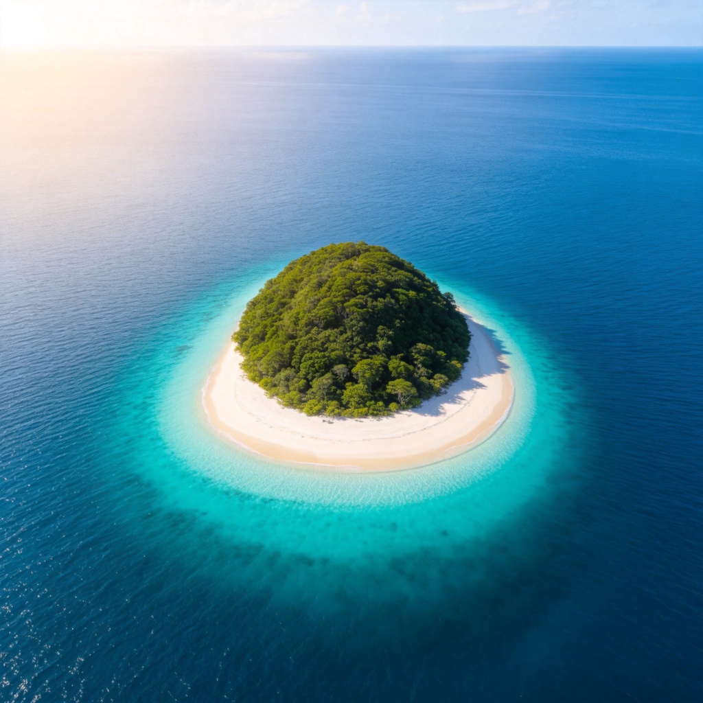 An aerial, top-down photograph of a single, lush green island with a sandy beach, completely surrounded by calm, turquoise ocean water. Bright sunlight, clear sky. The island is the sole and central subject in the vast blue. No boats, people, or text.