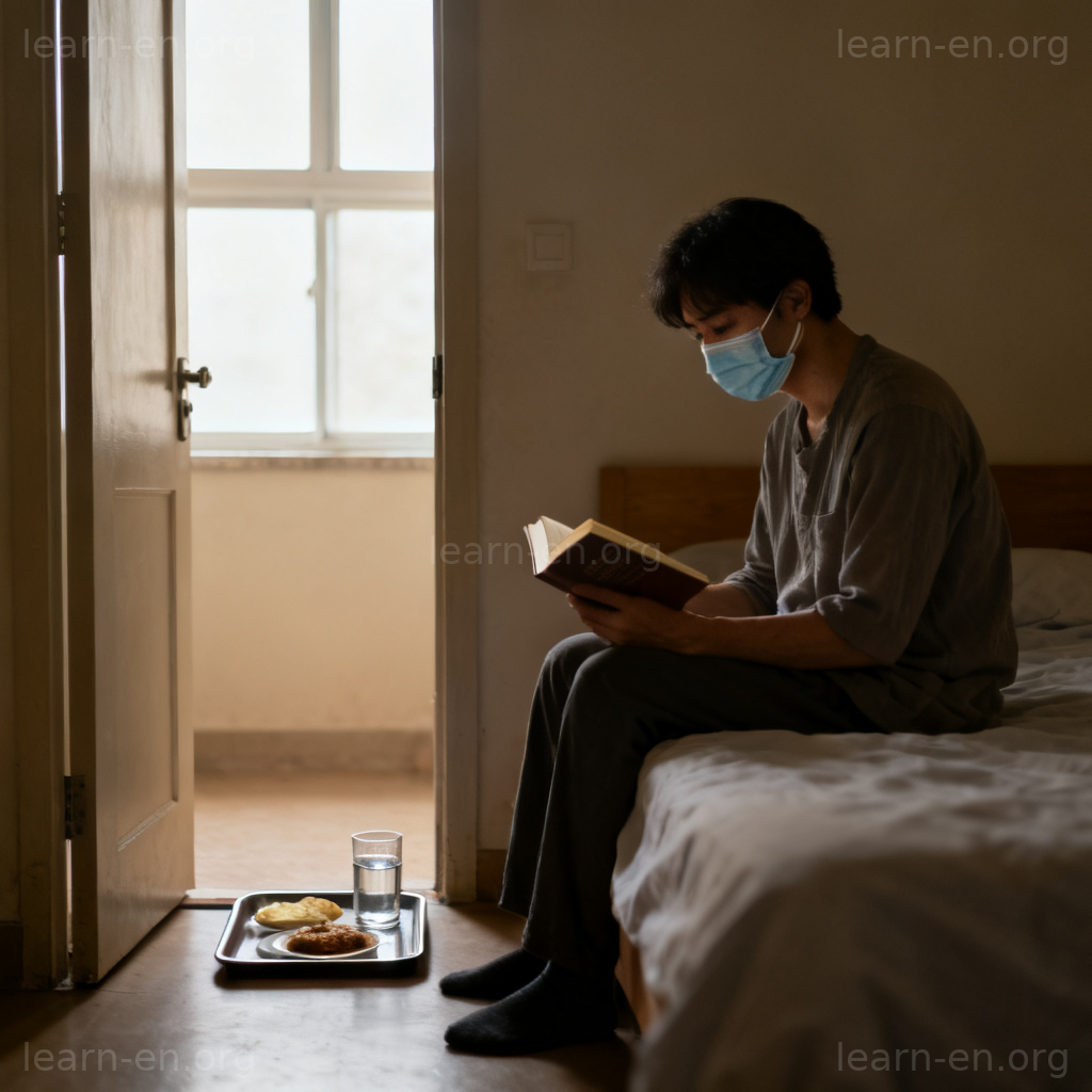 Illustration of a person in medical isolation, demonstrating the meaning of isolate as quarantine.