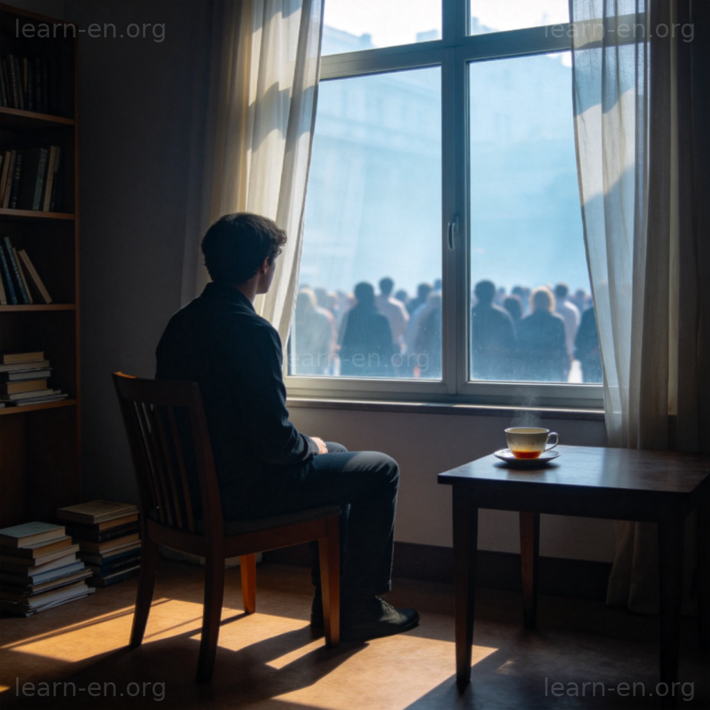 isolation 隔离含义图解：一人独坐窗边望向远处人群