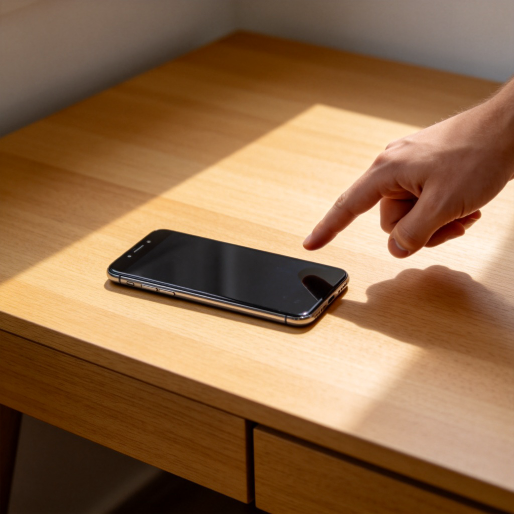 A smartphone lying on a wooden desk. A person's hand with a pointing finger is in the corner of the frame, pointing directly at the phone. The background is plain and uncluttered, with natural light highlighting the phone.