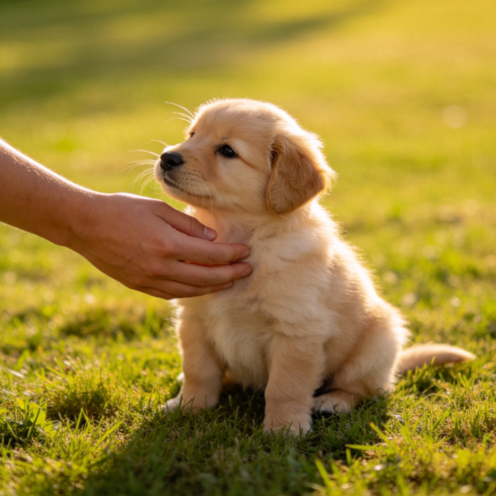 A small, fluffy puppy sitting on a green lawn. A gentle hand is reaching out from the side to pet the puppy. Focus on the puppy, with a soft, slightly blurred background of grass.