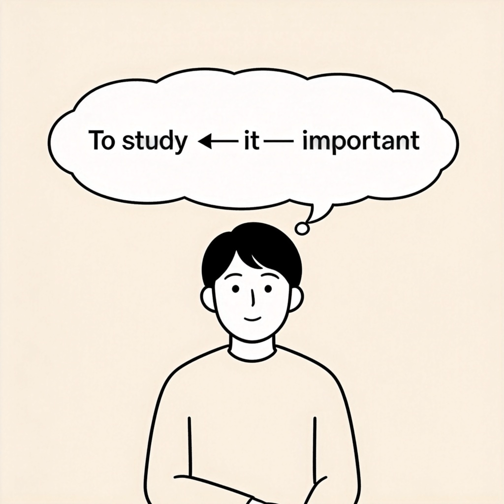 A simple, clean illustration of a person thinking. Above their head is a thought bubble. Inside the bubble, on the left side is the word "To study" with an arrow, and on the right side is the word "important". A small, simple "it" is placed in the center of the bubble, connecting the two ideas. The style is flat and clear.