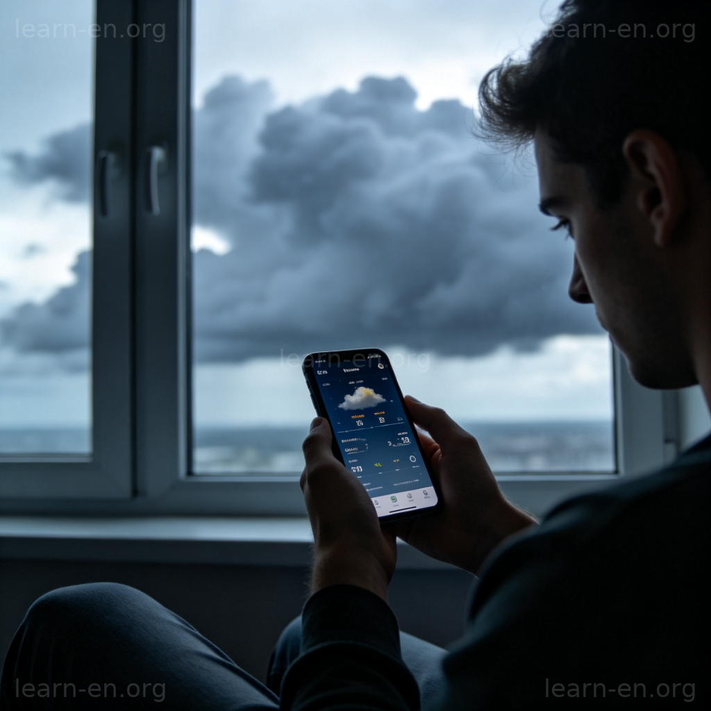 It's supposed to rain later 含义图解：手机查看天气应用，窗外乌云聚集