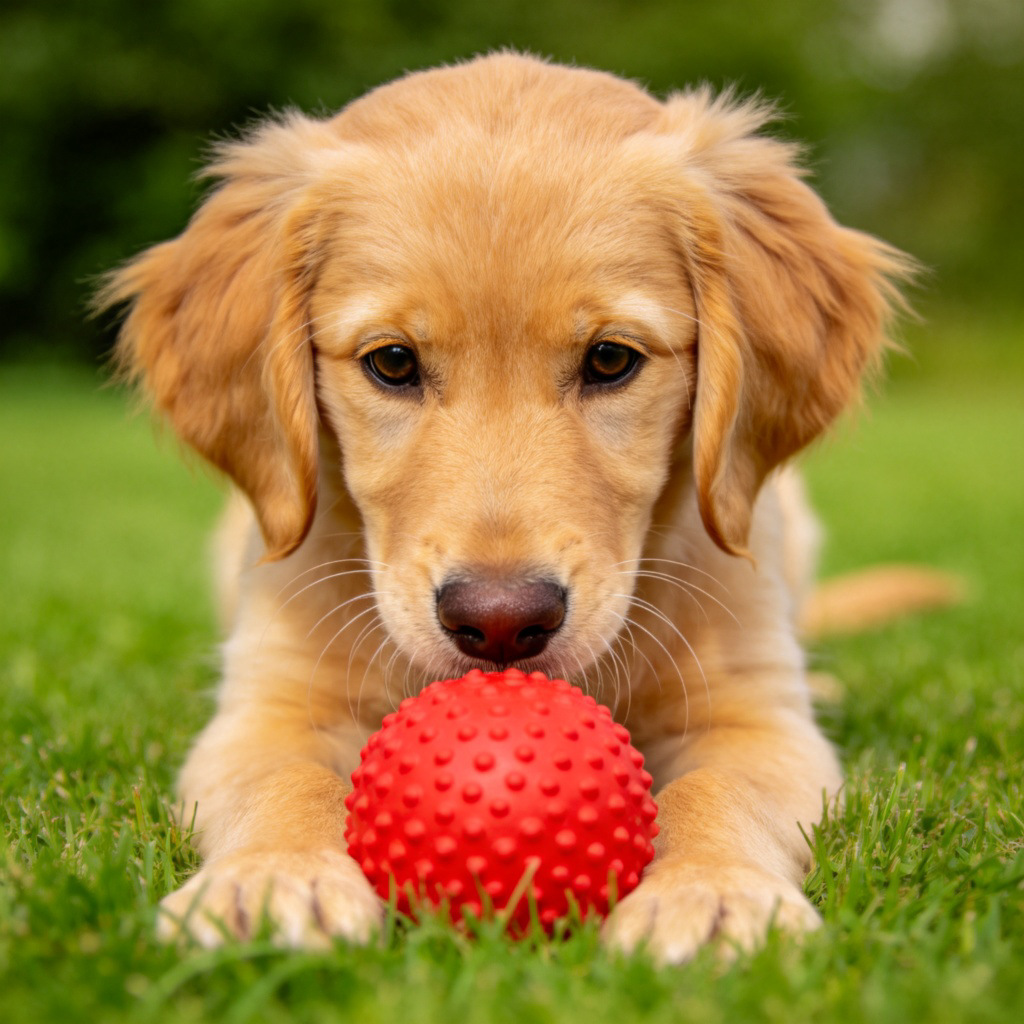 A close-up photo of a golden retriever puppy looking curiously at a red rubber ball placed directly in front of its paws on a green lawn. The focus is on the ball and the puppy's intent gaze, with soft natural lighting. No text or logos visible.