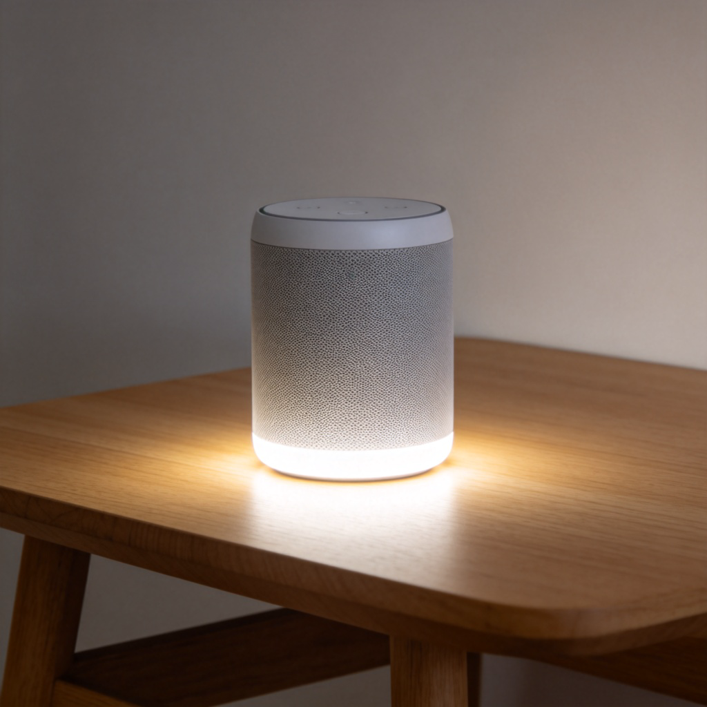 A sleek, modern smart speaker sitting alone on a wooden table, brightly lit, with a soft glow emanating from it. The focus is entirely on the device, highlighting it as the sole subject. Clean background, photorealistic style. No other objects or text in the frame.