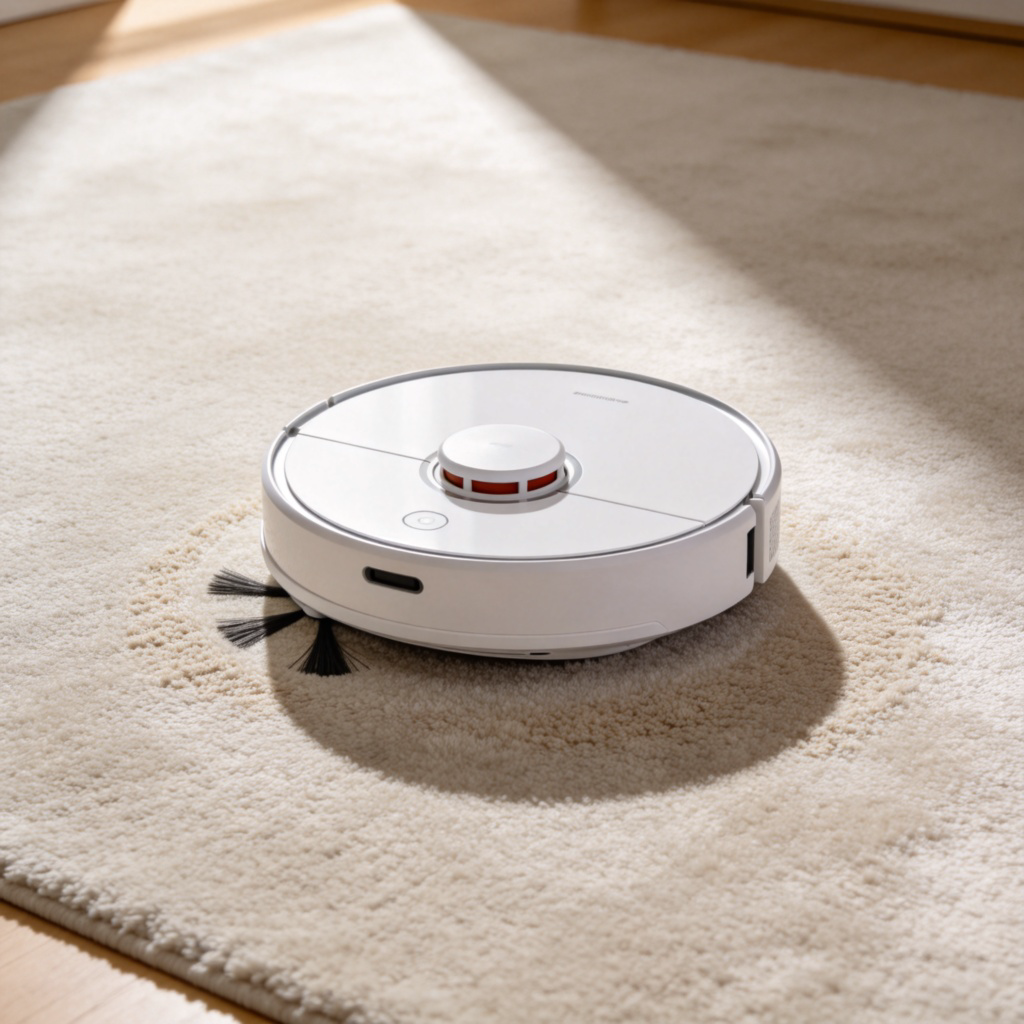 A round, white robot vacuum cleaner in the middle of a clean, light-colored carpet. The vacuum is in the act of turning around, with its brushes moving, as if it has just finished cleaning a spot and is moving to the next one autonomously. Bright, clear room lighting, realistic photo style. No people or pets in the scene.