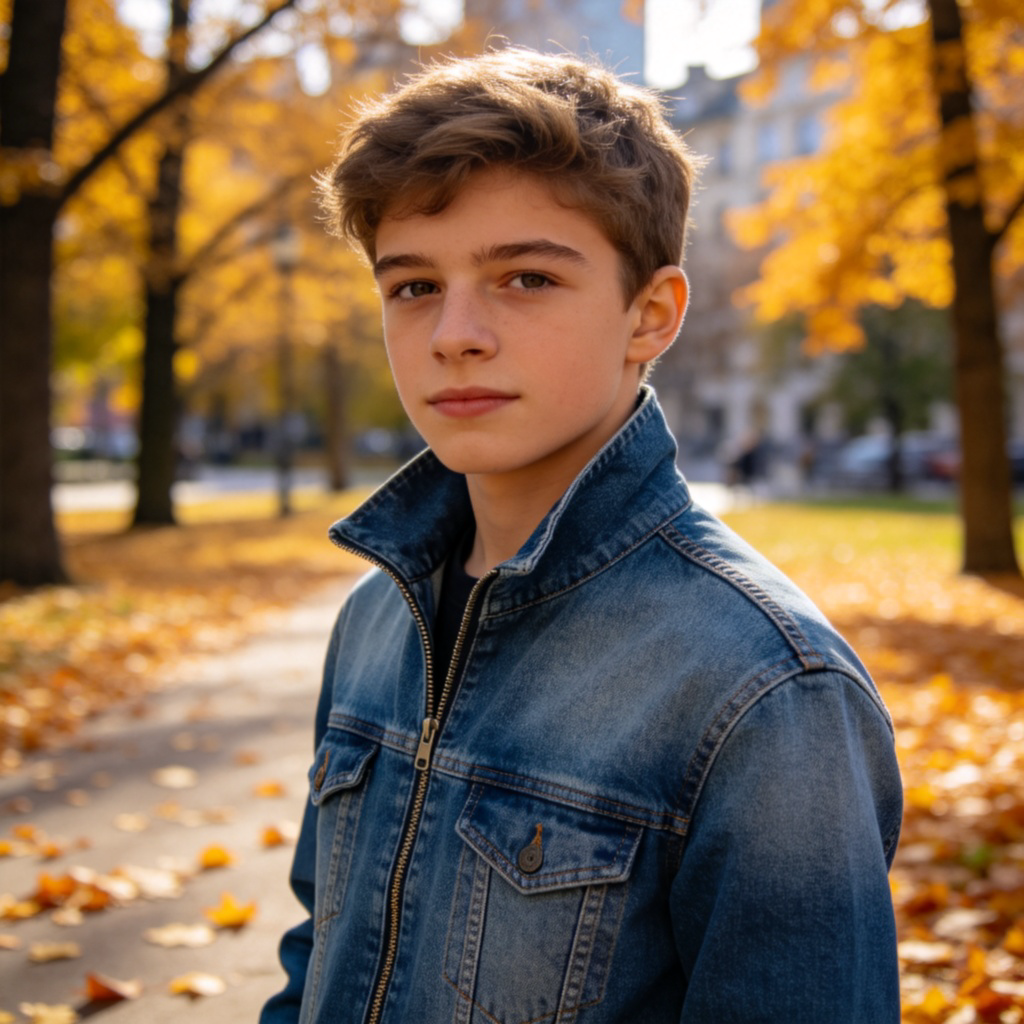 A young person wearing a blue denim jacket, standing in a city park during autumn. The jacket is zipped up halfway, with fallen leaves on the ground in the background. Focus is on the jacket's texture and style. Daylight, realistic photo style. No text or logos visible.