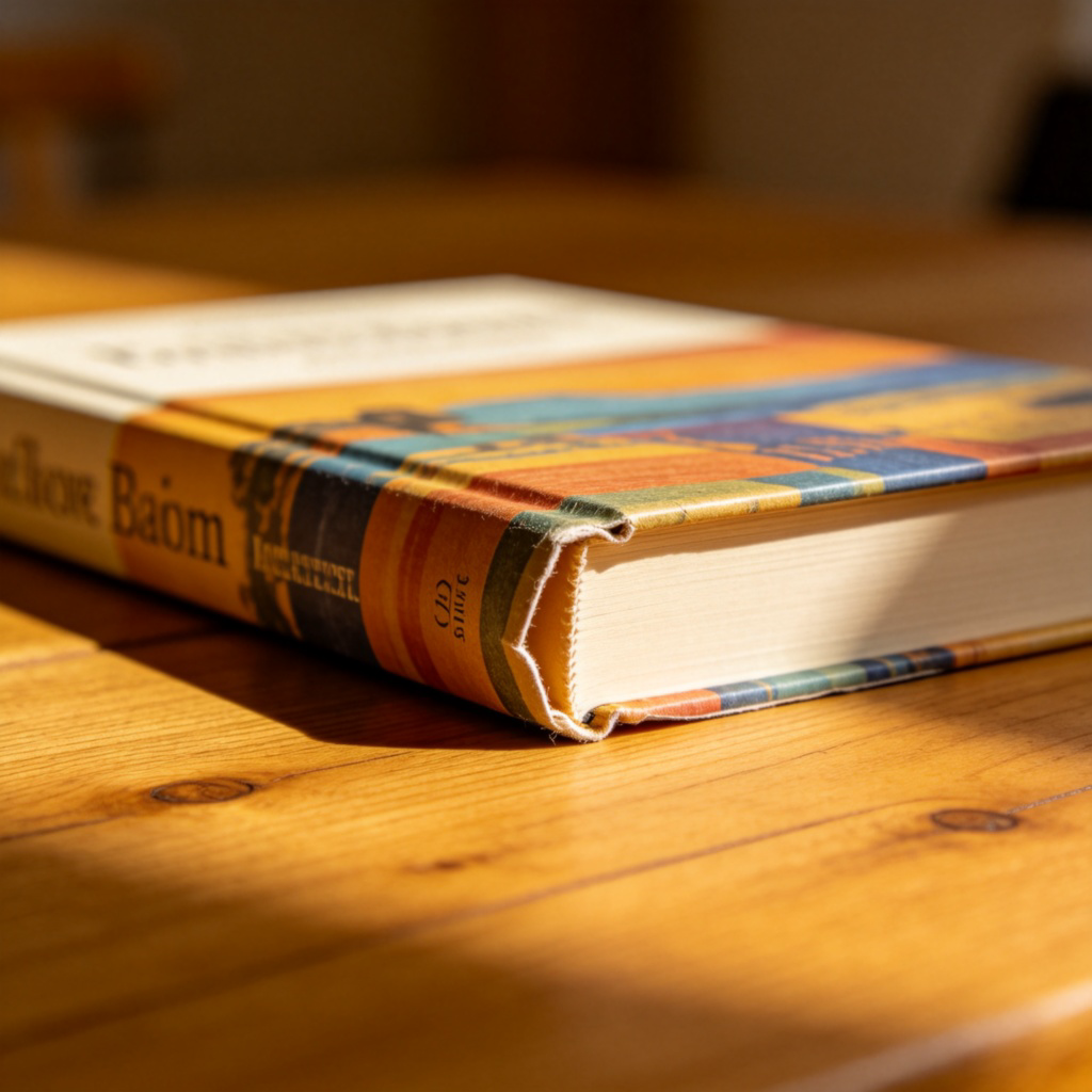 A close-up photo of a hardcover book lying on a wooden table. The book has a removable, colorful paper jacket with the title and author's name. The jacket is slightly separate from the book's actual cover. Soft indoor lighting, focus on the texture of the paper jacket. No text other than what's printed on the jacket.