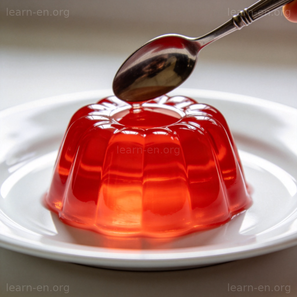 Jelly 果冻图解：白色餐盘中颤动的红色果冻特写
