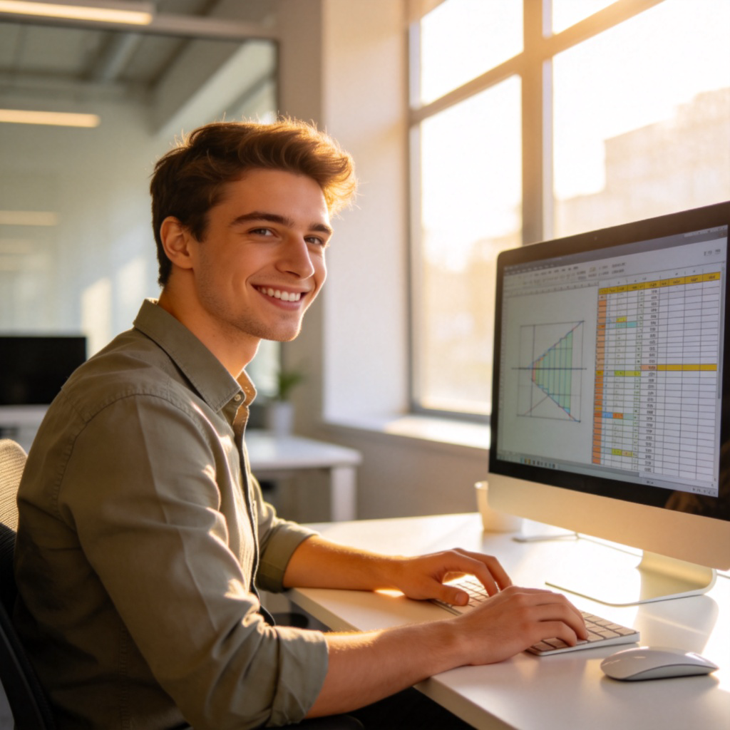 A young professional, smiling confidently, sitting at a modern desk in a bright office. They are looking at a computer screen showing a spreadsheet or a design. They wear a smart-casual shirt. The focus is on their positive expression and the work environment. Natural lighting from a large window. No text.