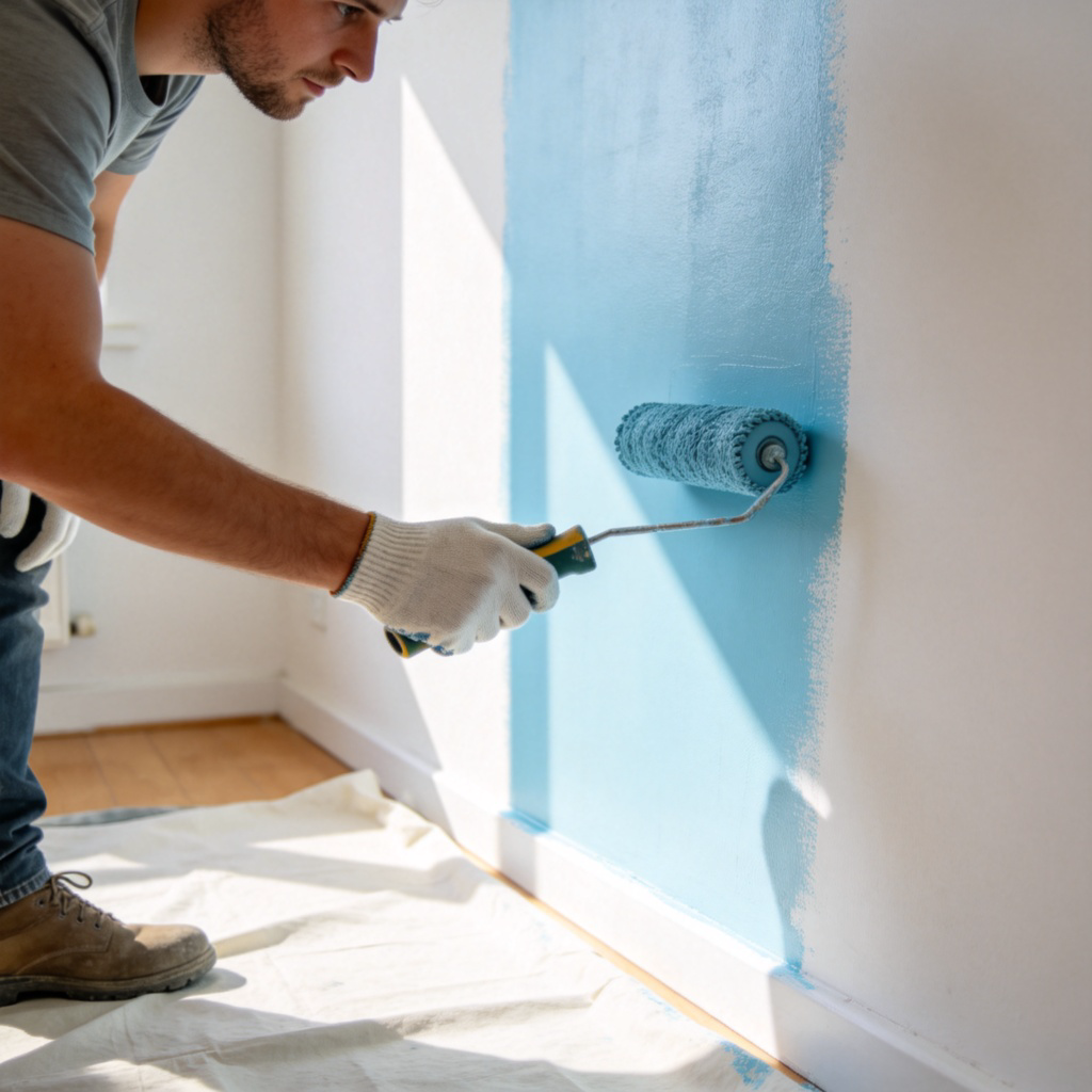 A person wearing casual clothes and gloves, holding a paint roller, halfway through painting a white wall a light blue color. A drop cloth is on the floor. The scene is in a sunny, residential room. Focus on the action of painting and the contrast between painted and unpainted wall. No text.