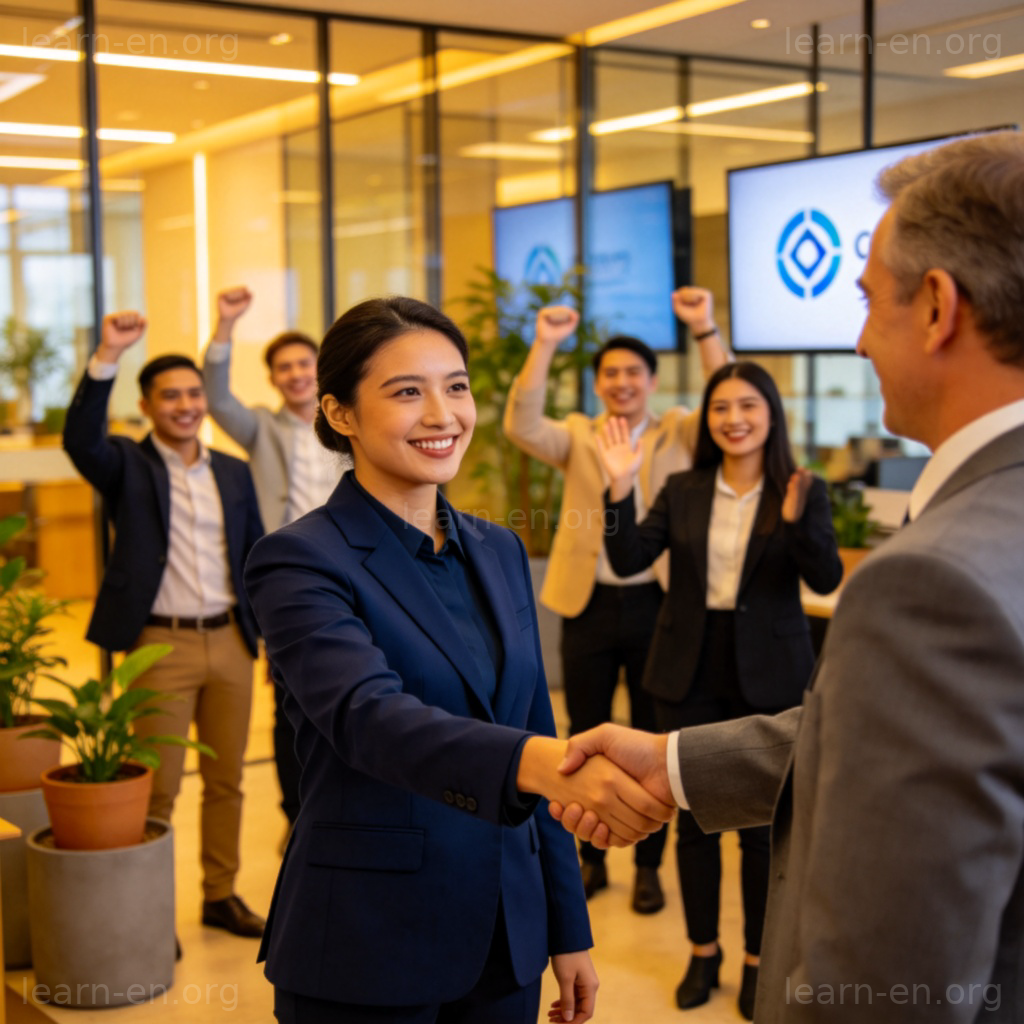 Job Promotion图解：现代办公室中升职握手庆祝场景