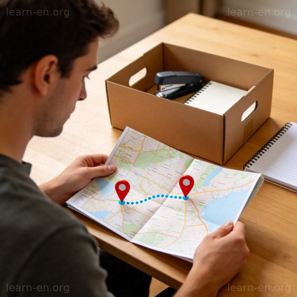 Job Transfer 图解：员工打包办公物品，查看城市间调动路线图