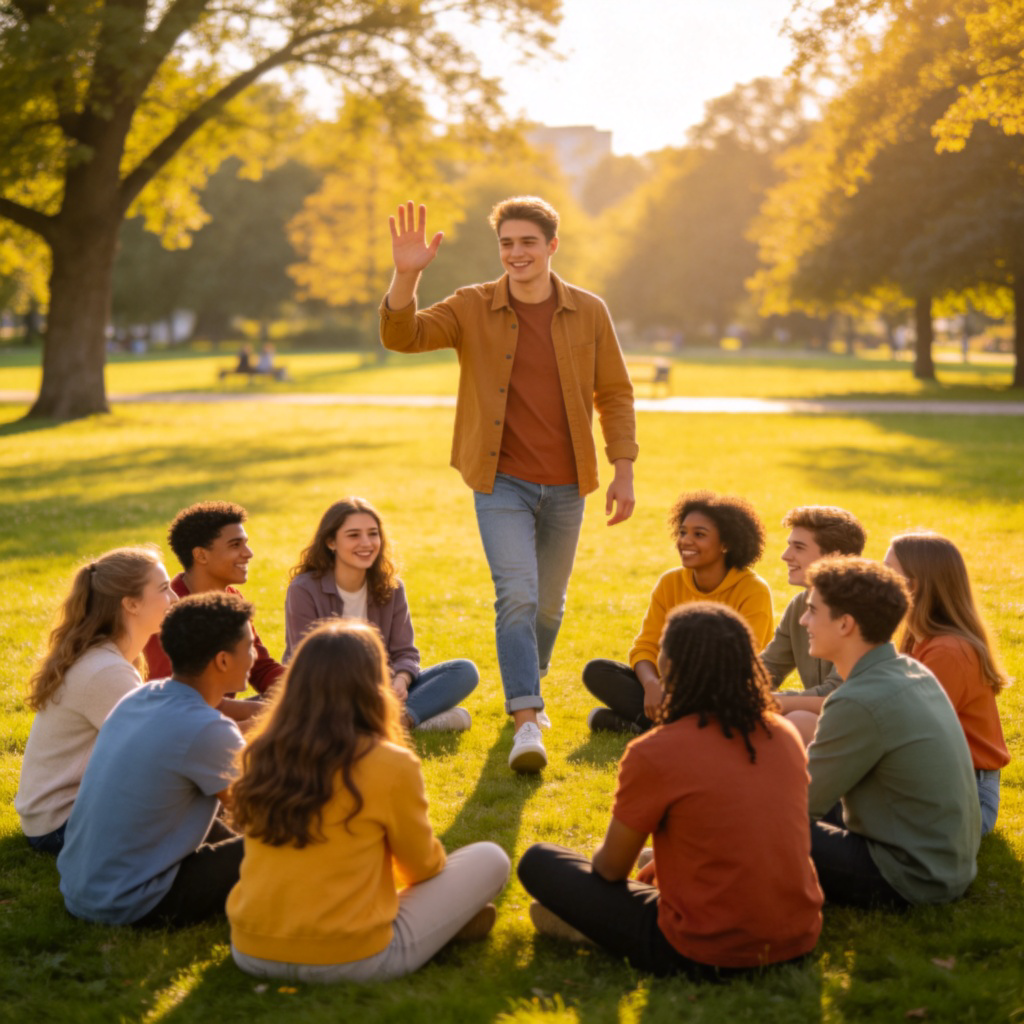 A group of diverse young people sitting in a circle on the grass in a park, smiling and talking. One person is walking towards the group with a friendly wave, clearly about to join them. Bright sunny day, casual clothes. The focus is on the welcoming gesture and the act of joining the circle. No text.